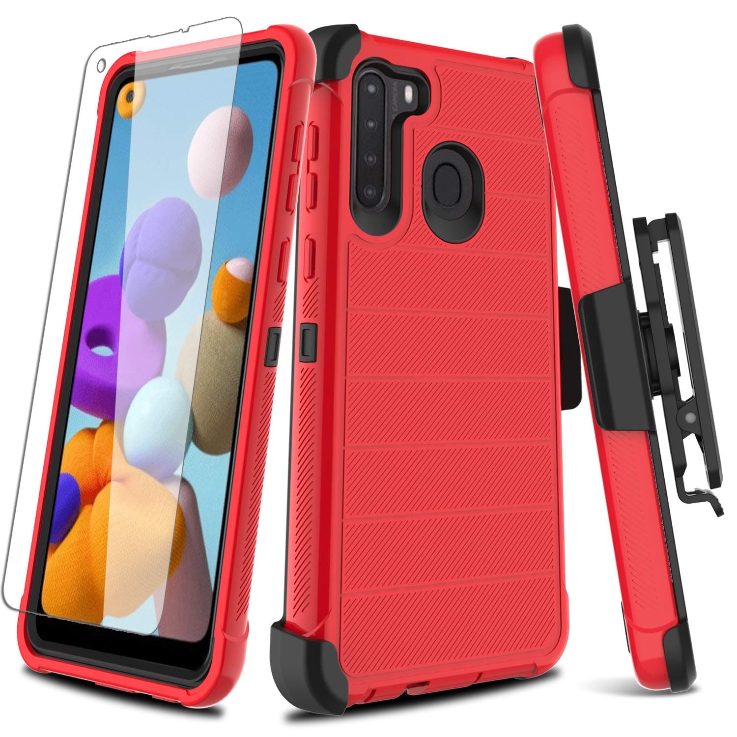 Leptech Galaxy A21 Case with Soft TPU Screen Protector, [Holster Series] Full Body Heavy Duty Armor Protective Phone Cover with Kickstand Belt Clip Case for Samsung Galaxy A21 (Red)