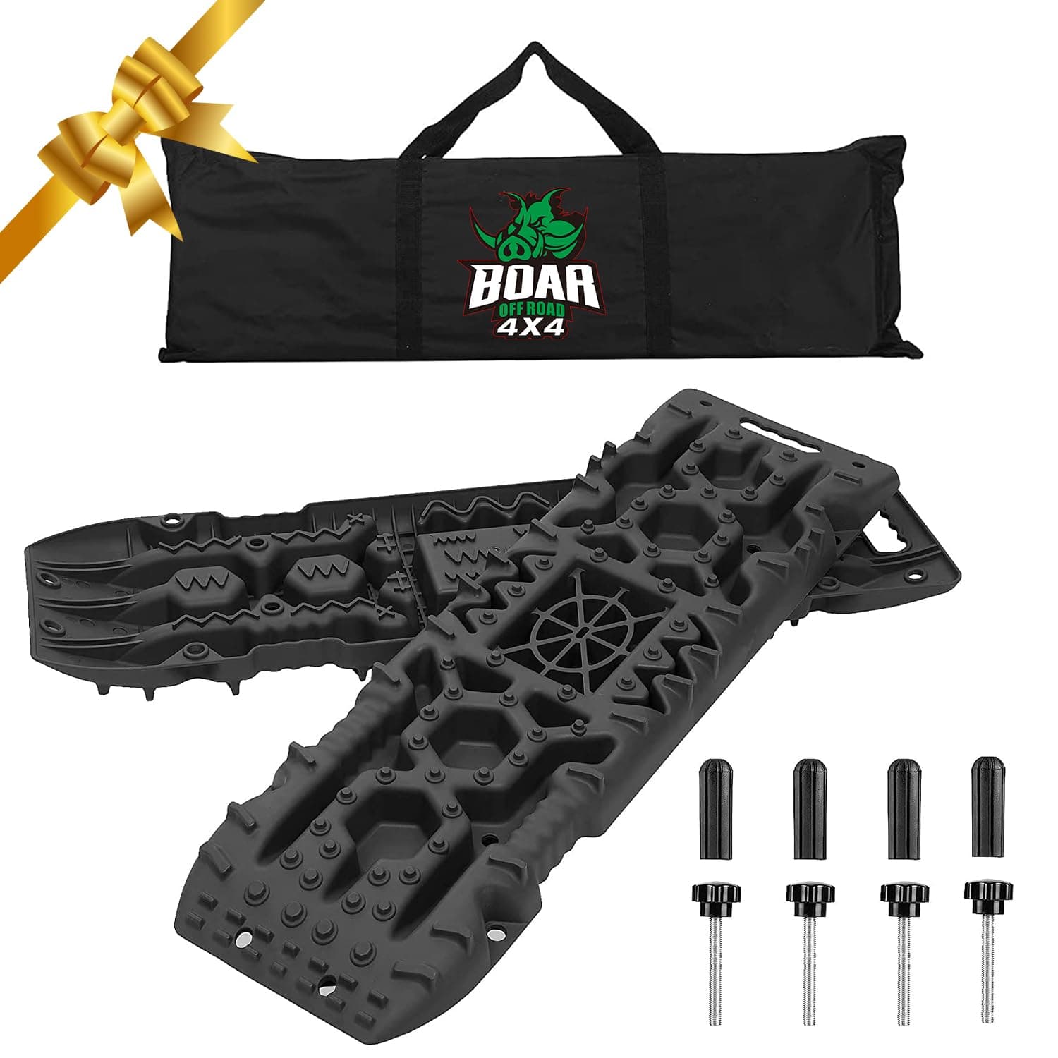 OFF ROAD BOAR Traction Boards, 2 Pcs Recovery Boards with Jack Lift Base, 4WD Recovery Traction Tracks with Bag for Snow, Sand, Mud (Black)