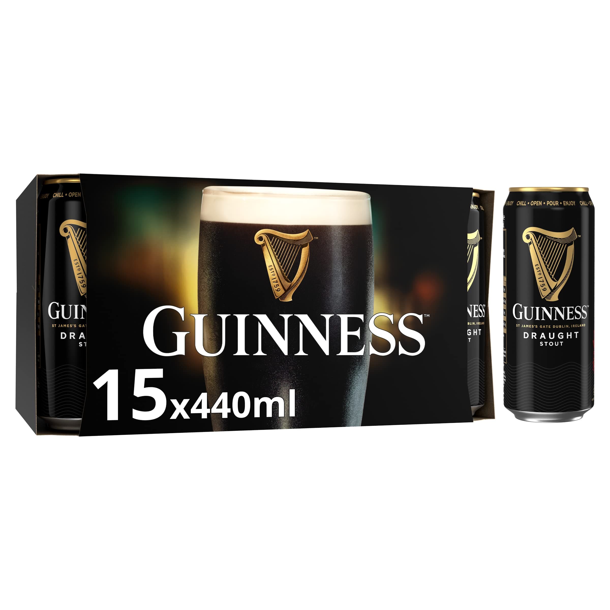 Guinness Draught Stout Beer | 4.1% vol | 15 x 440ml | Guinness Six Nations | Get Rugby Ready | Iconic Stout | Rich Smooth Head & Sweetness of Malt Balanced with Hops