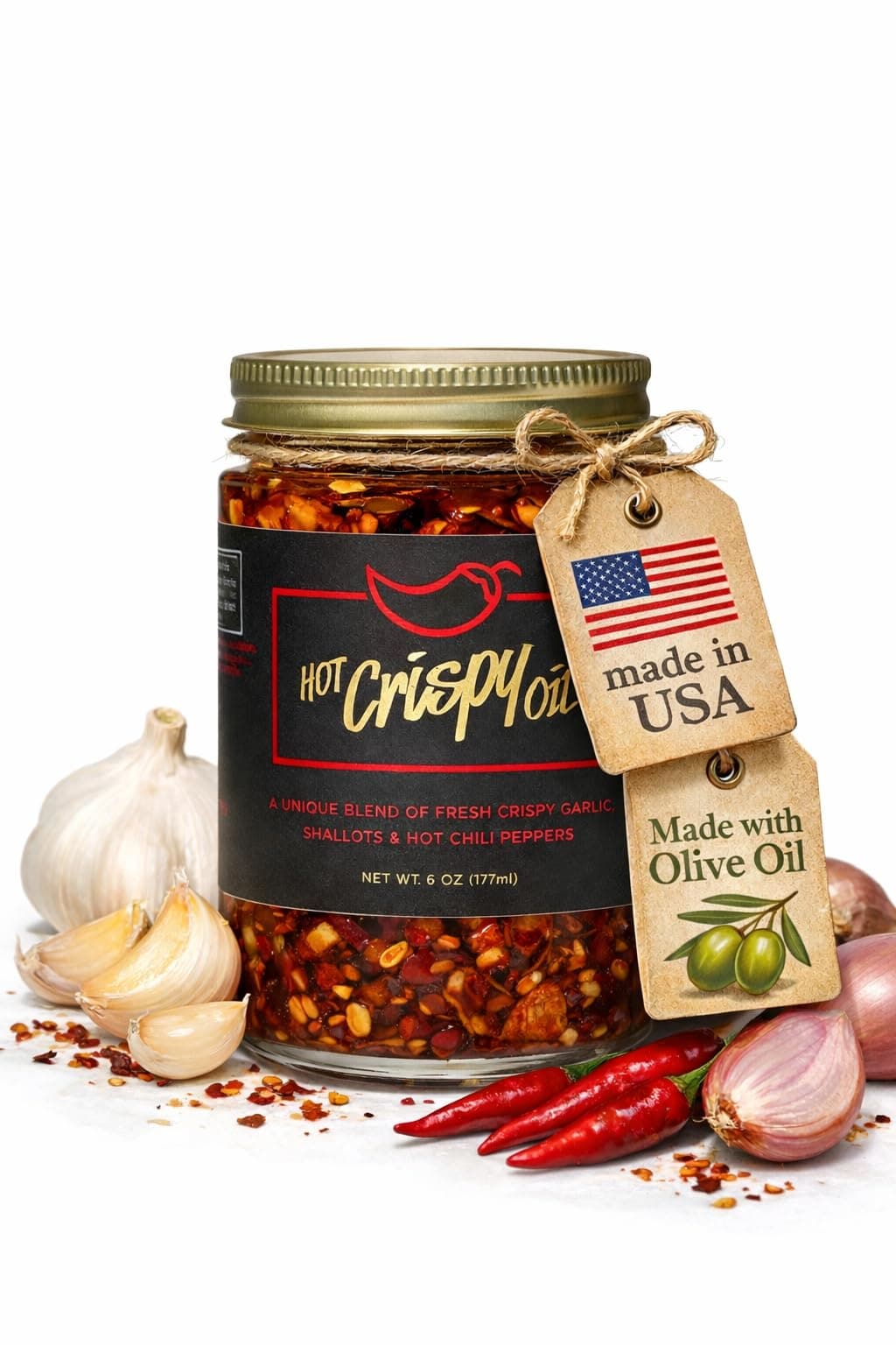 Hot Crispy Oil, An All Natural Unique Blend of Fresh Fried Shallots, Fresh Garlic and a Proprietary Blend of Three Different Chili Peppers. (Original), 170g (6 oz)