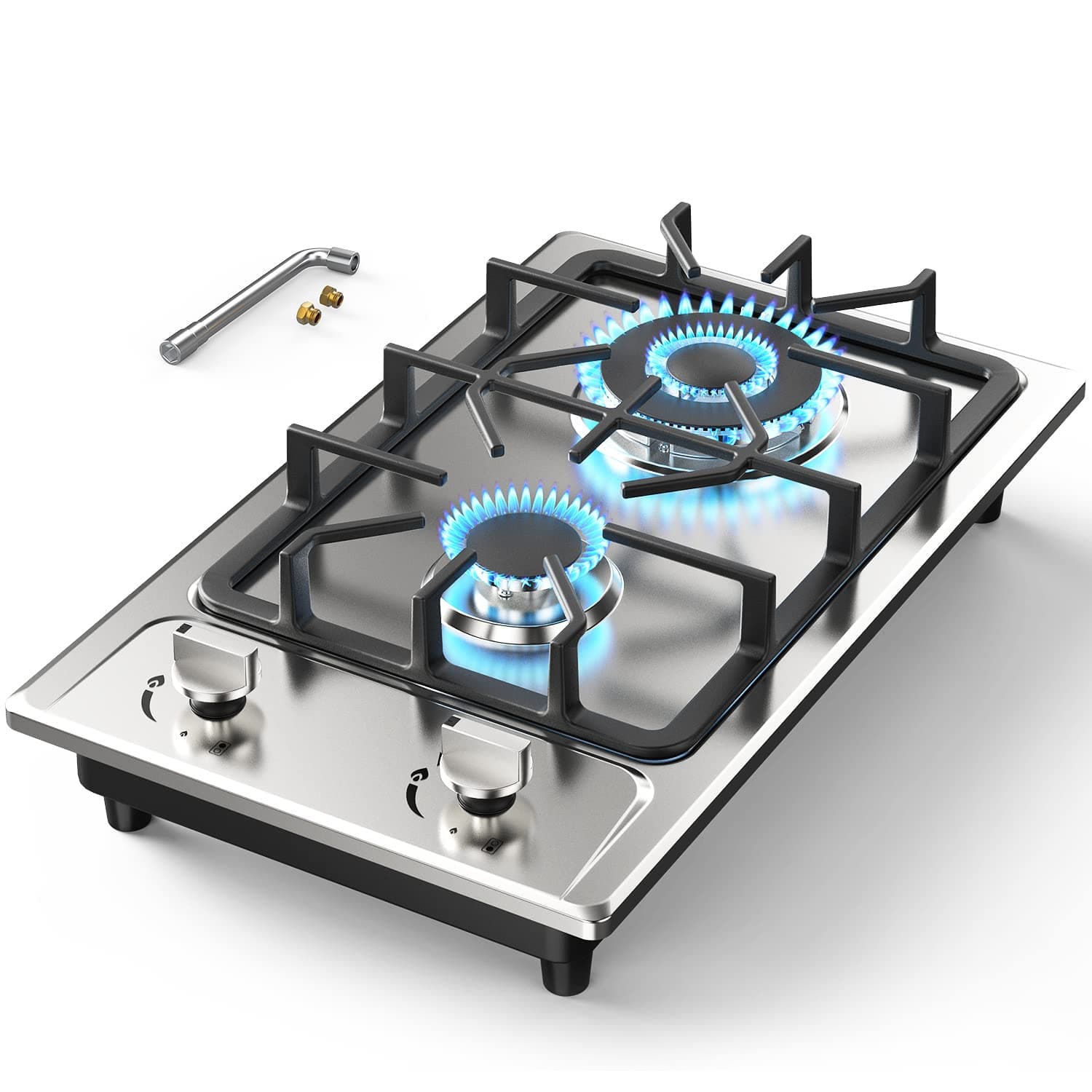 ANHANE 12 Inch 2-Burner Gas Stove: Portable Stainless Steel Propane Cooktop for RV, Apartments & Outdoor – Dual Fuel LPG/NG, Easy to Clean Built-in Gas Cooktop