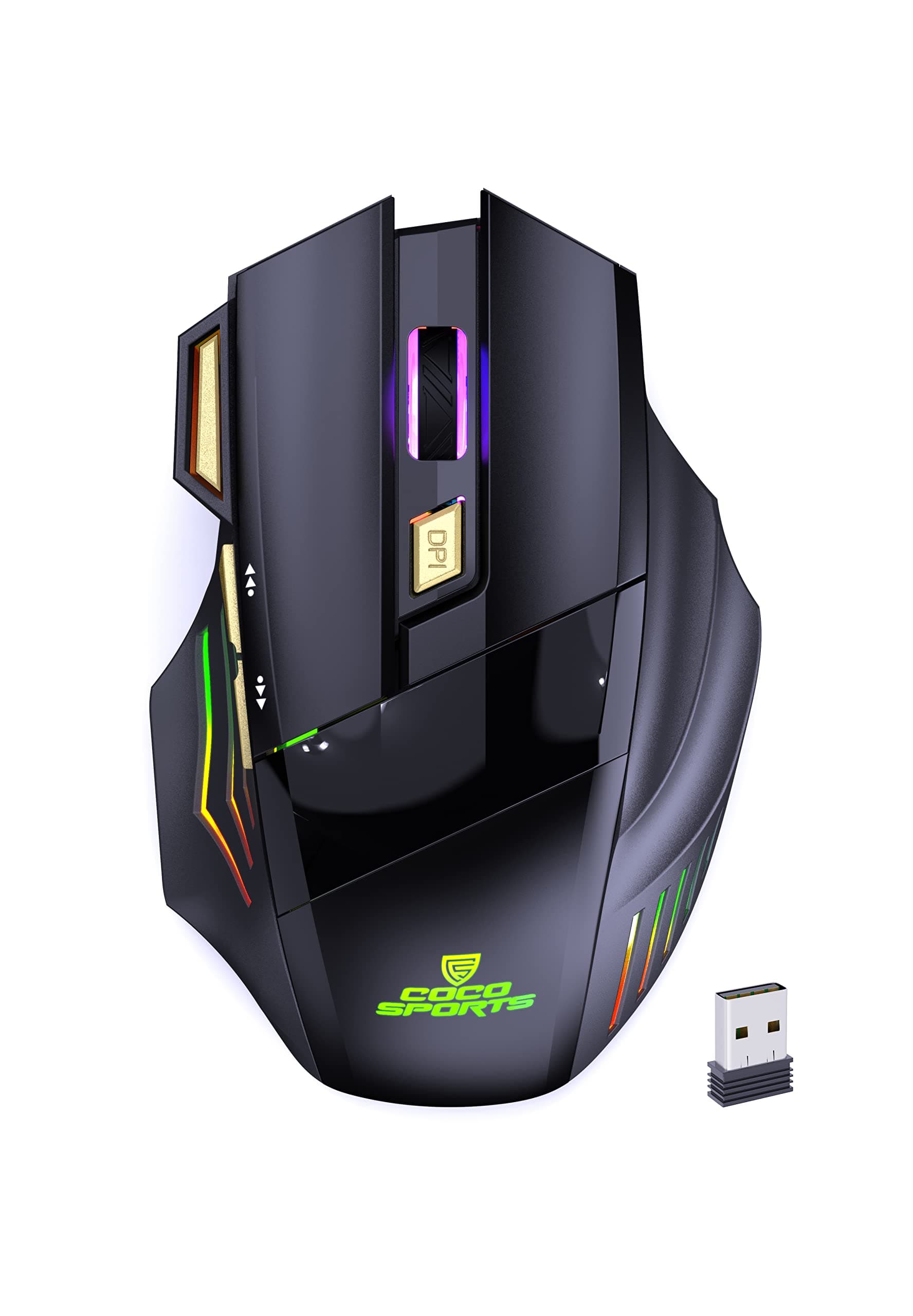 Coconut WM22 Gold Wireless Gaming Mouse, 500 mAh Rechargeable Battery with 7 Color RGB LED, 6 Buttons with Fire Key, Adjustable DPI Upto 3200 for PC/Laptop/Mac
