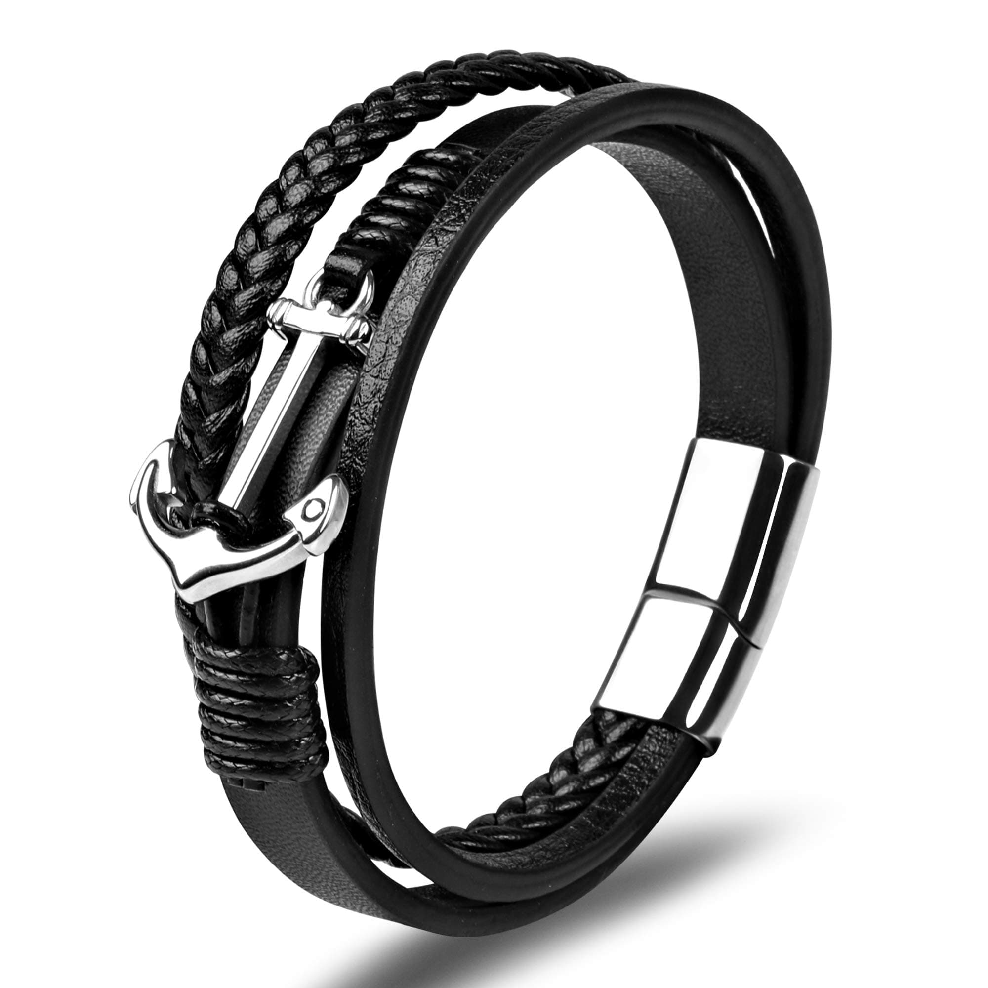 Mens Bracelets Anchor Leather Bracelet Natural Tiger Eye Lava Rock Matte Stone Bead Bracelets with Stainless Steel Magnetic Clasp Genuine Braided Cuff Bracelets