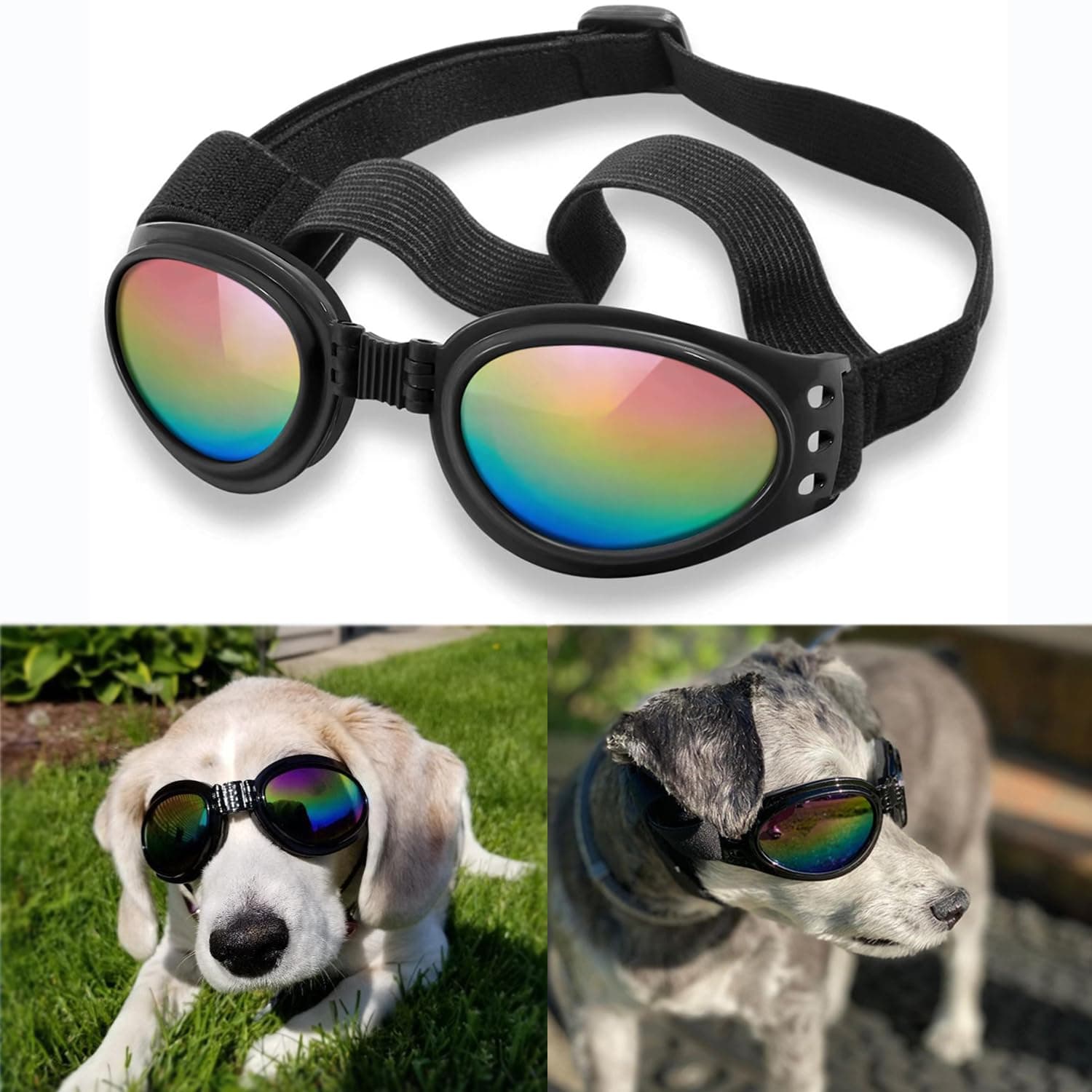 Dog Sunglasses Dog Goggles for Medium Large Breed Dogs, Wind Dust Fog Protection Eye Wear Pet Glasses with Adjustable Strap for Motorcycle Car Driving Bike Riding Hiking Swimming Over 15lbs Black
