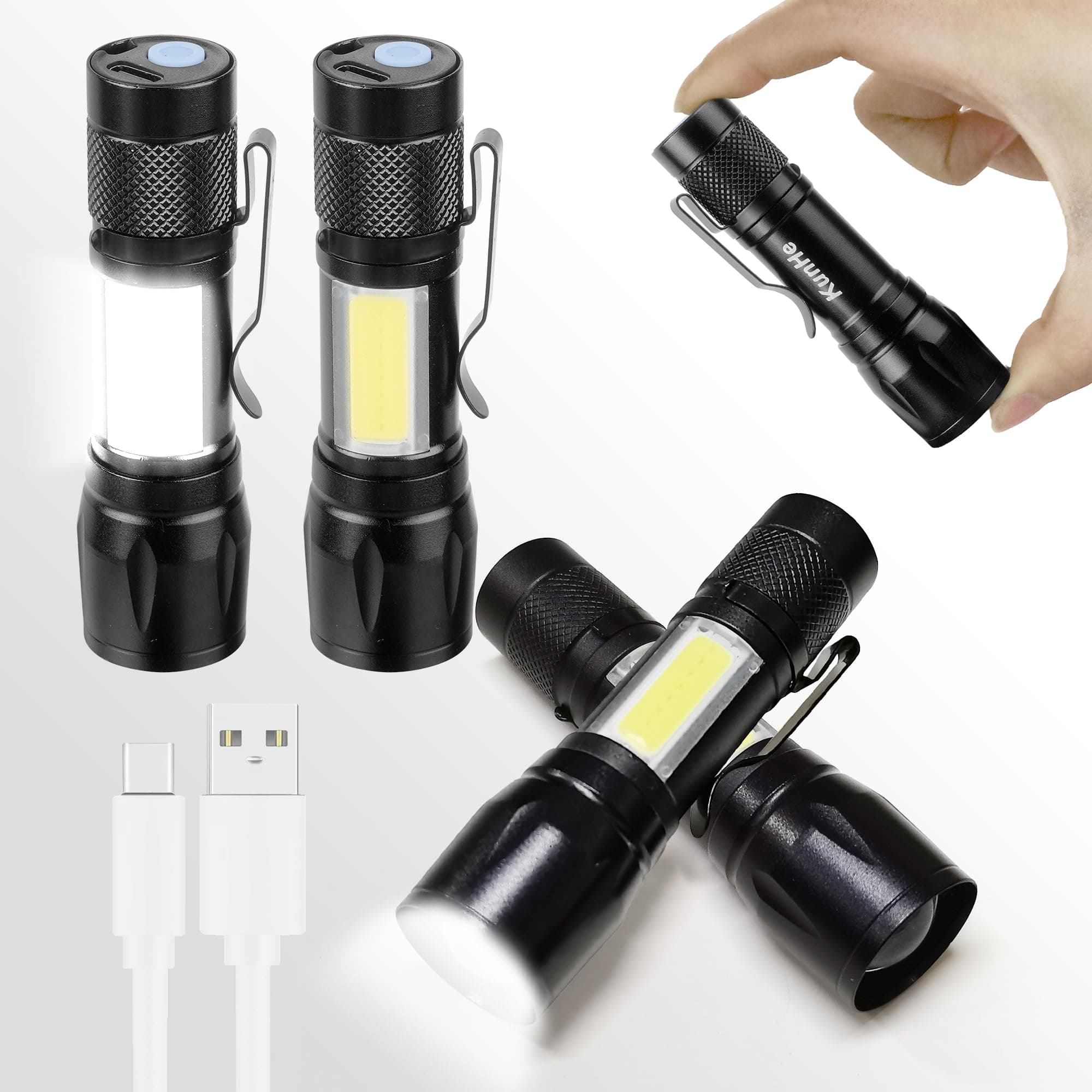 KunHe 4 Pack Rechargeable Flashlights USB-C mini Small LED Lantern Flashlights Bright Clip-On Light EDC Flash Light with Side COB Light for Camping Home Emergency