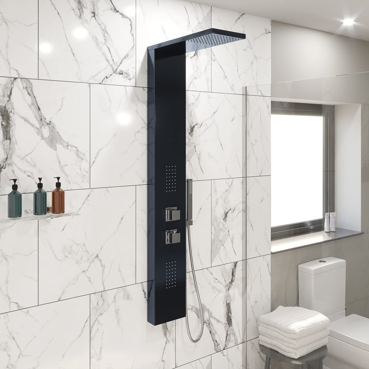 Thermostatic Shower Tower Column Panel, Three Function 3-in1 System with Rainfall Head Handset 2 Body Jets Square Showers, Mirrored Black