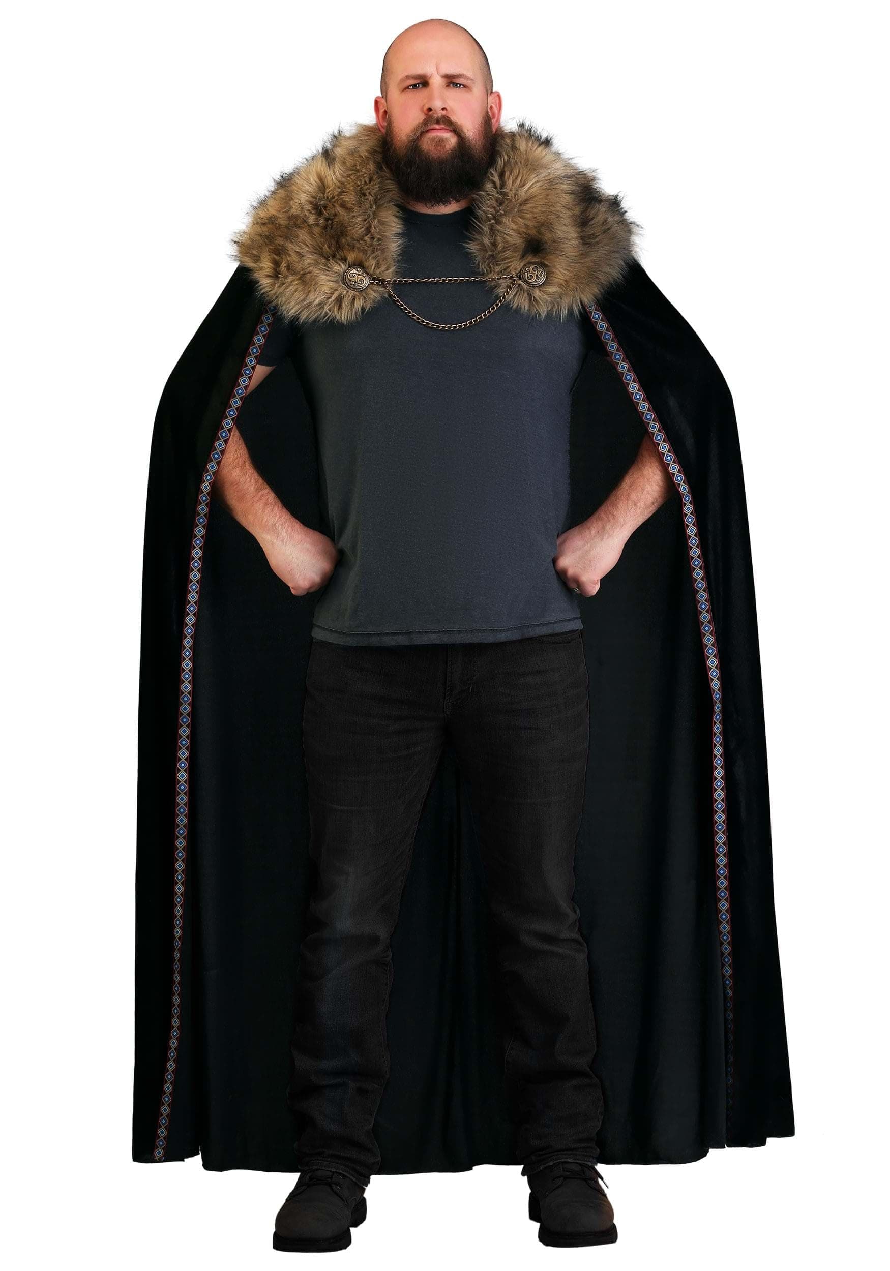 Viking Fur Cloak for Men with Faux Fur Collar and Chain Closure, Men's Viking Costume Cape