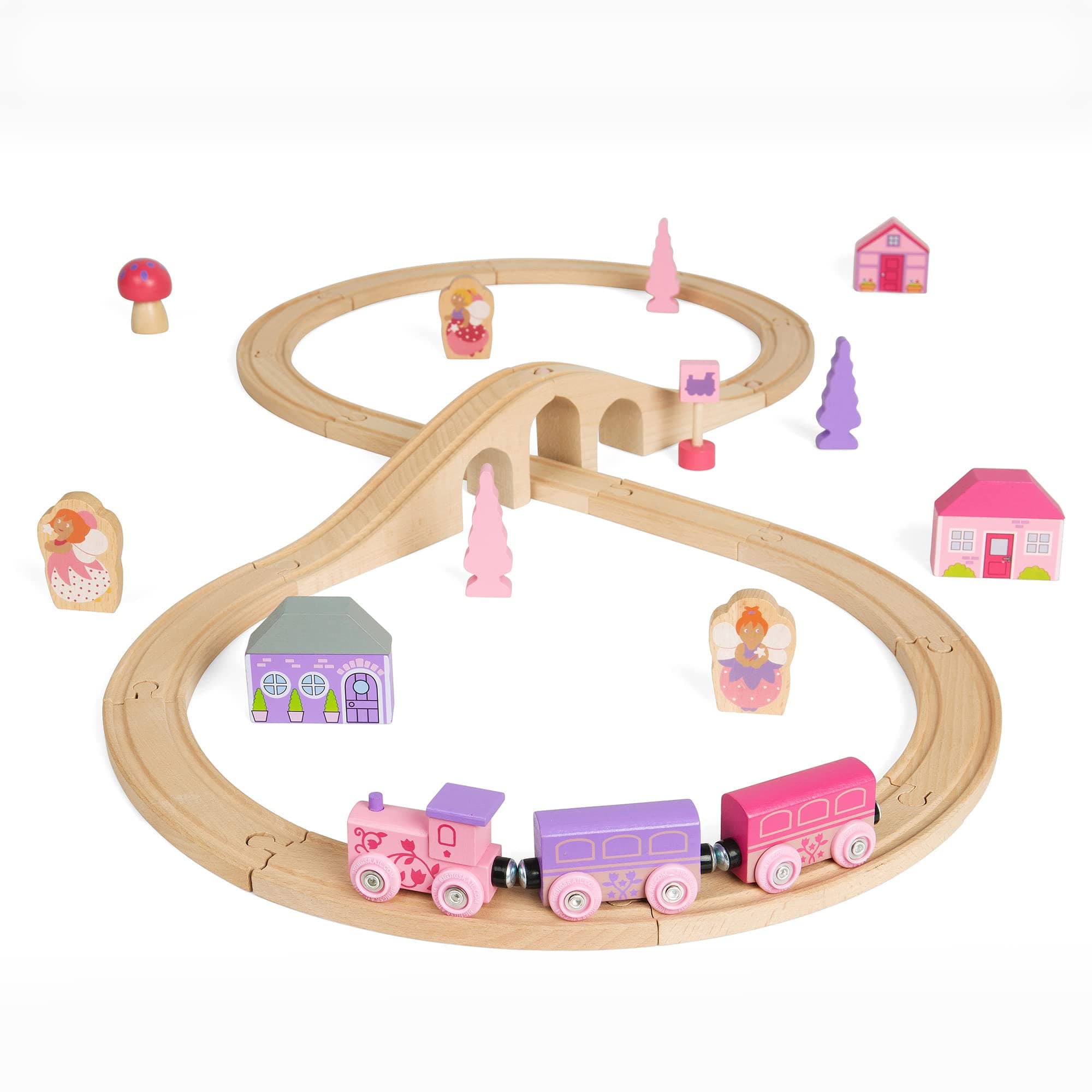 – Bigjigs Rail Fairy Figure of 8 Train Set | Kids Wooden Railway Toy with 35 Pieces | Collection Includes Track, Bridge, Pink Accessories and Engine | Gift Suitable for Girls & Boys Ages 3+