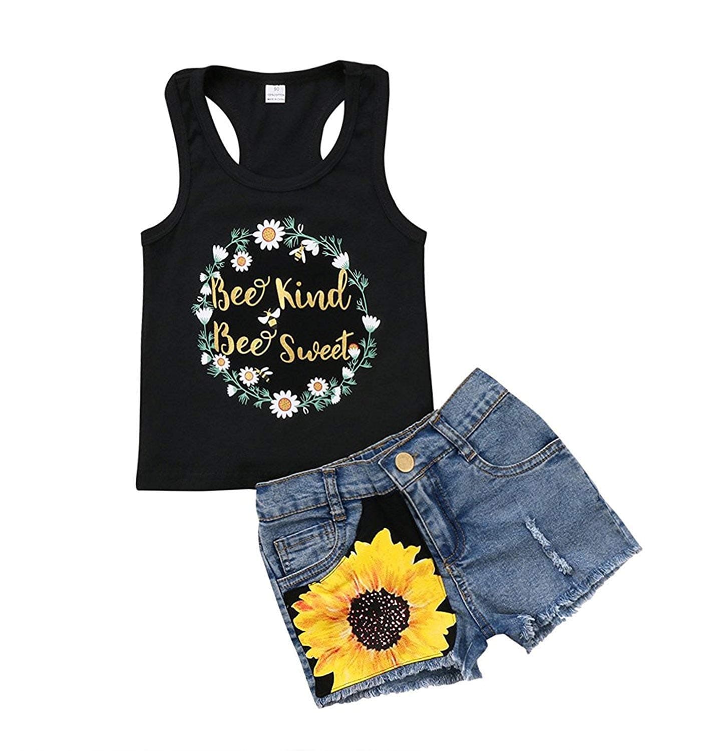 2Pcs/Set Toddler Kids Baby Girl Sleeveless T-Shirt Top+Sunflower Denim Jeans Shorts Outfits (Black, 1-2 Years Old)
