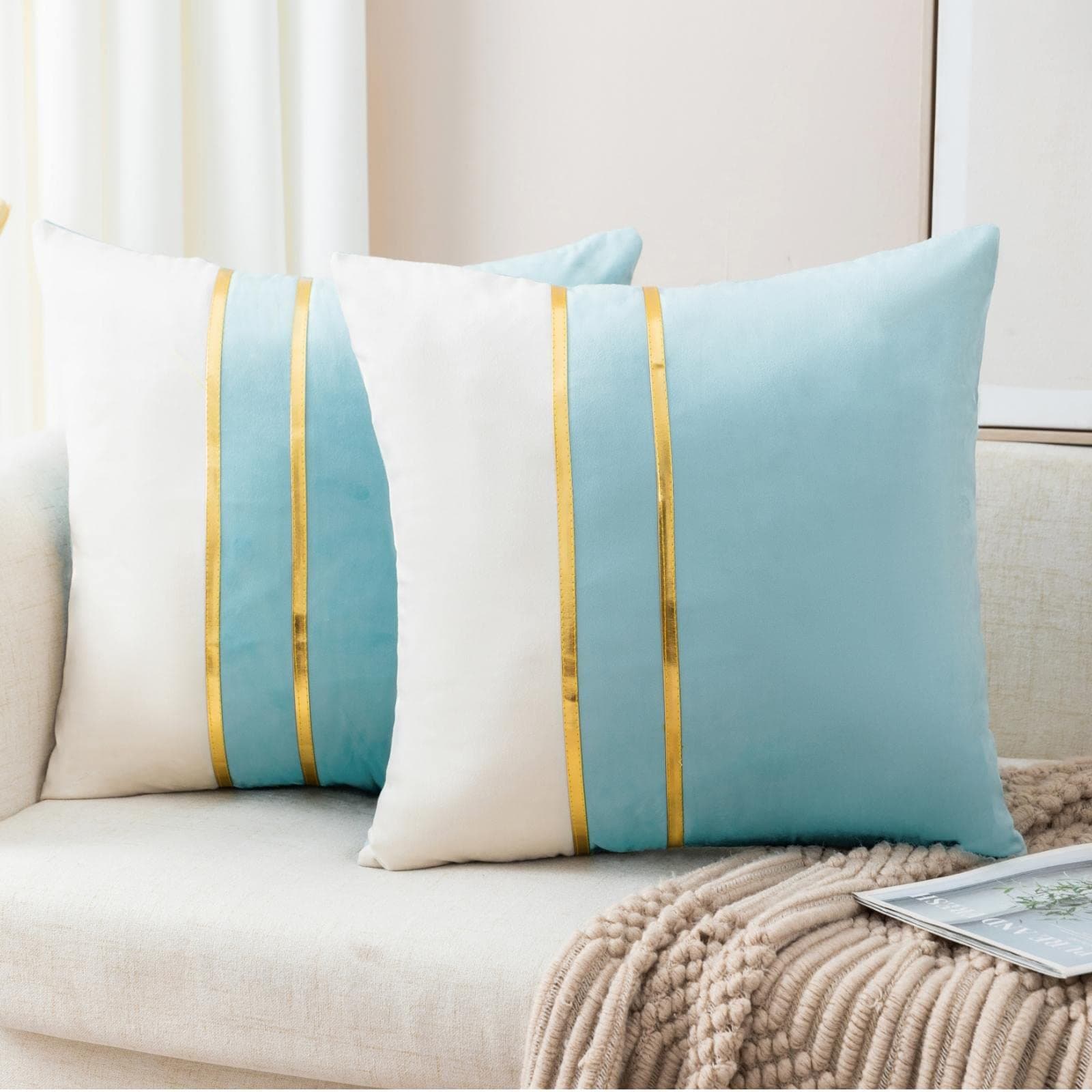 ZLINA Set of 2 Velvet Decorative Throw Pillow Covers Aqua Green White Patchwork with Gold Leather Pillow Covers 24 × 24 Inch Cushion Covers Decor Living Room Sofa Bedroom Car