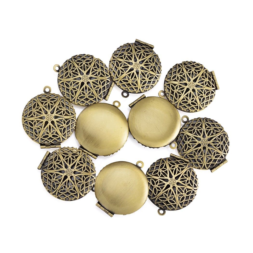 10Pcs/Set Antique Bronze Filigree Photo Locket Aromatherapy Essensial Oil Diffuser Pendant Charms