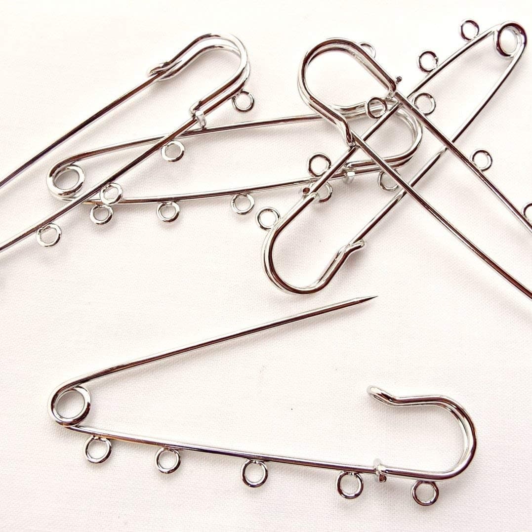 NP Supplies 10pcs Silver Plated Broocher Brooch 5 Holes Safety Pins Brooches - 50mm (2 inch) (NS667)