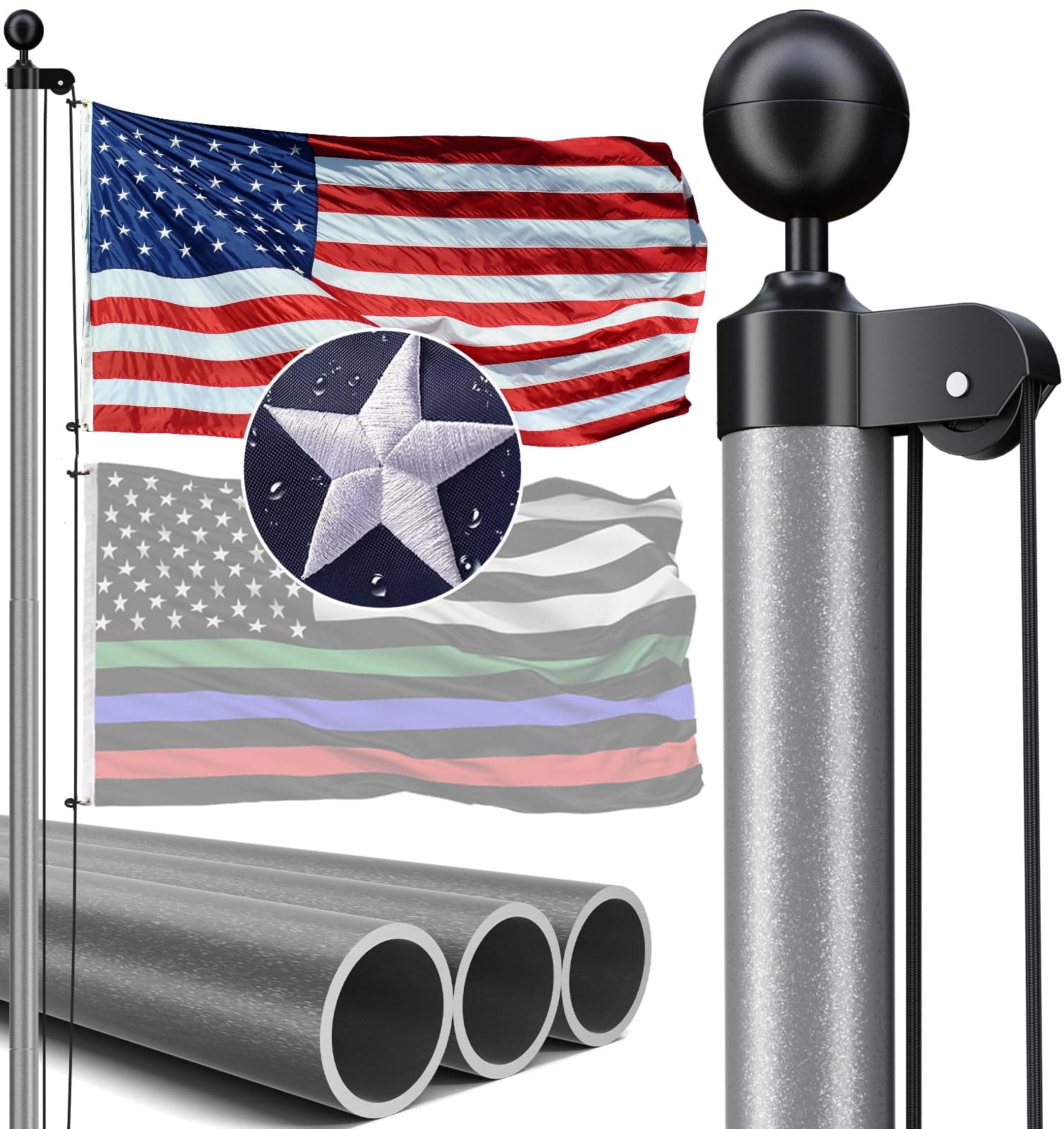 25FT Heavy Duty Flag Pole, 12-Gauge Aluminum, 100MPH Wind Tested | Extra Thick Residential & Commercial Flagpole Kit for Outside House – Includes USA Flag & All Hardware to Fly Two Flags