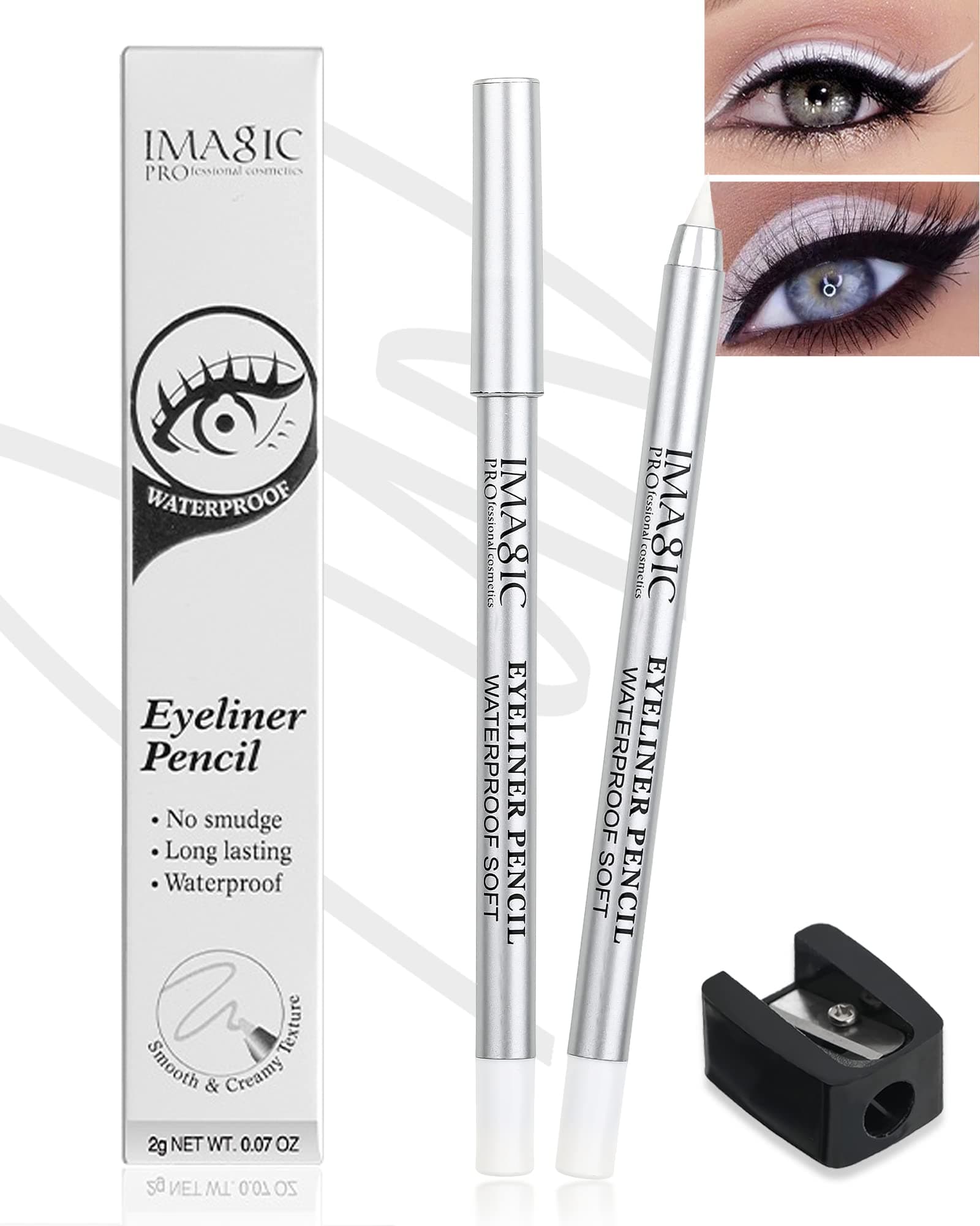 White Waterproof Gel Eyeliner Pens, Highlighter Eye Liner Pencil, Matte Long Lasting Super Smooth formula White Eye Liner Eyeshadow Makeup Pen, Polished White Luster, with Pencil Sharpener-1Pcs