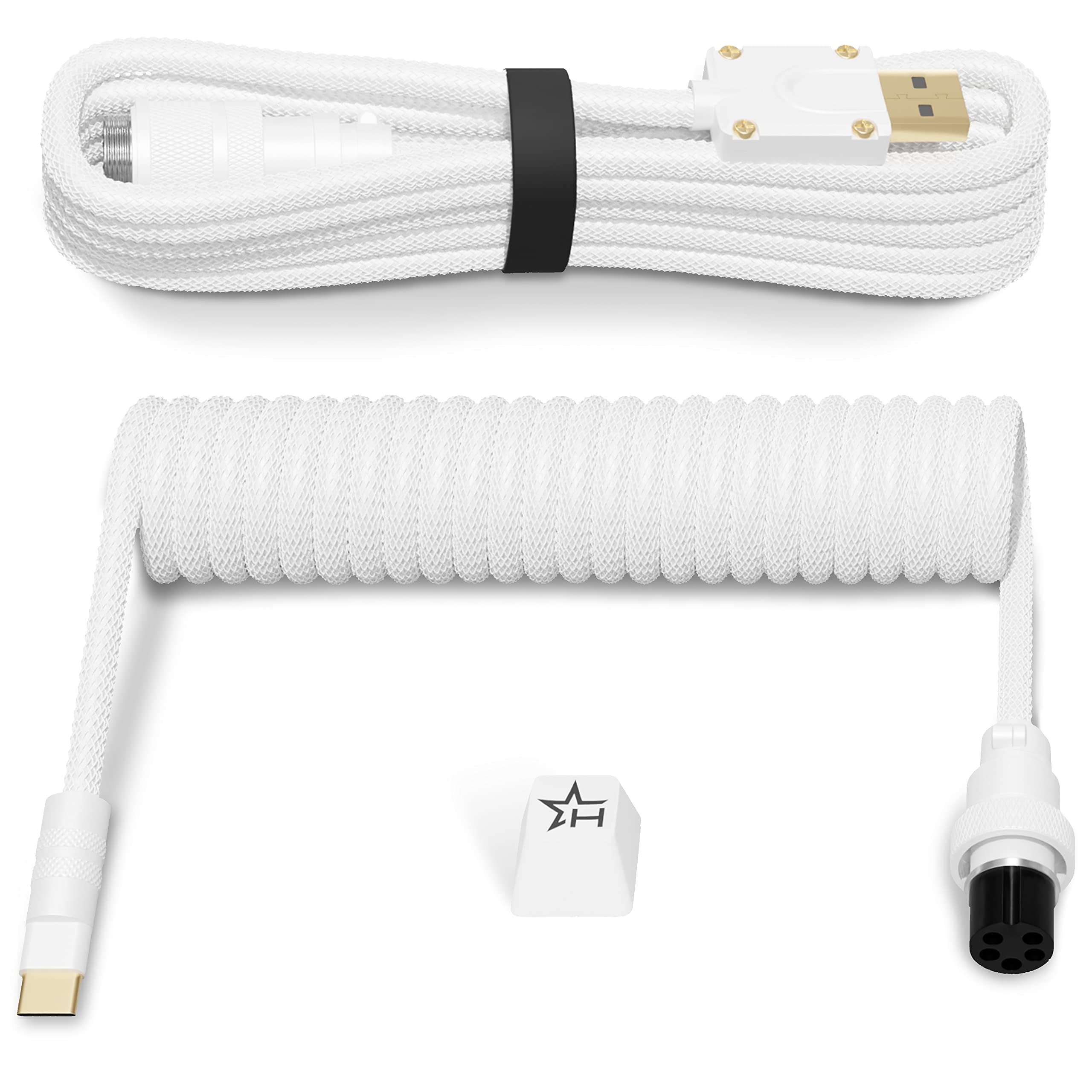 Hystar Coiled Keyboard Cable | USB-C | Double-Sleeved Cable, CNC Aluminum Connectors, Gold Plated, Type-C Connection | White