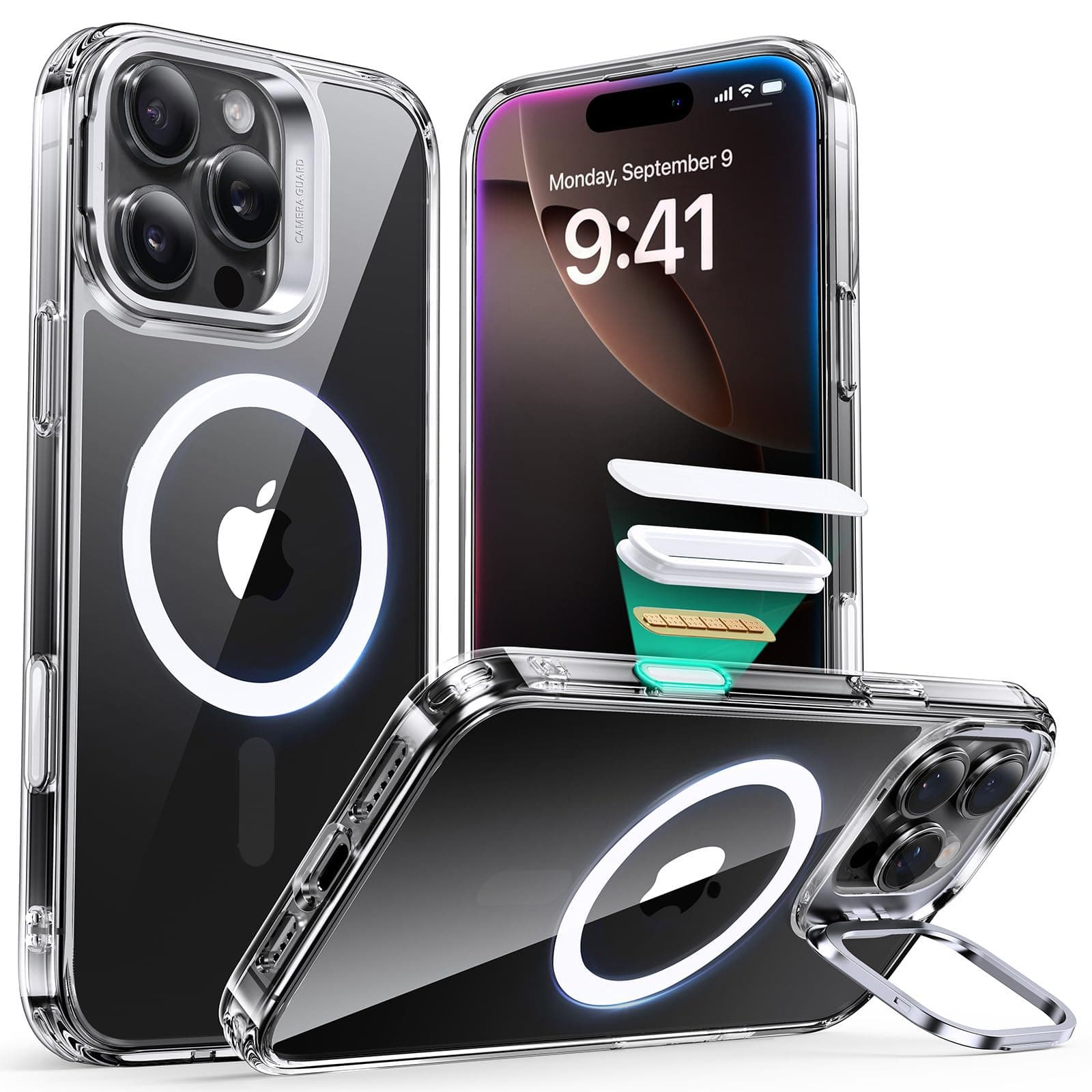 for iPhone 16 Pro Max Case, Camera Control Button Compatible with MagSafe, Military-Grade Protective, Built-in Stash Stand Phone Case, Scratch-Resistant Back Cover, Clear