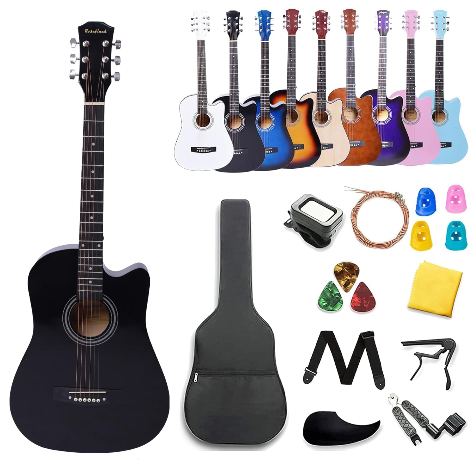 Rosefinch Acoustic Guitar Kit 38 inch 3/4 Size for Beginner Teen Adult Childs Cutaway Basswood Guitar Starter Bundle with Gig Bag Tuner Capo Picks String Strap-Right Hand Natural BLACK 38''