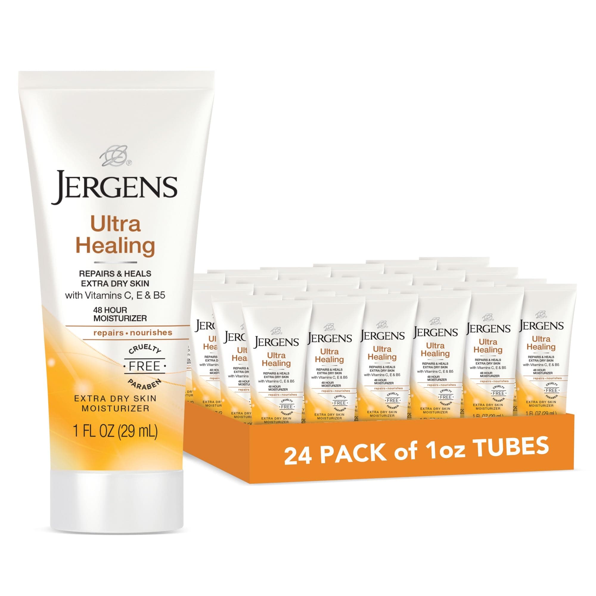 Jergens Ultra Healing Dry Skin Moisturizer, Travel Size Body and Hand Lotion, for Extra Dry Skin, Use After Washing Hands, HYDRALUCENCE blend, Vitamins C, E, B5, 1 Fl Oz (Pack of 24)