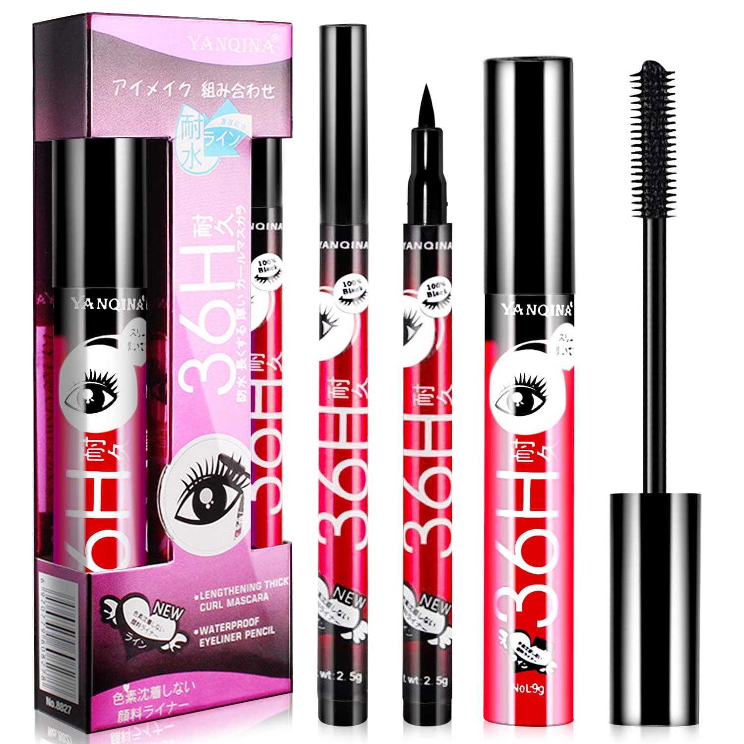 36 Hours Super Long Lasting Waterproof Mascara & Eyeliner Black Set, All Day Clump-Free & Smudge-Proof, Longer Thicker & More Curly, Voluminous Eyelashes, Natural Luxurious Looking Lashes Adds Glamour