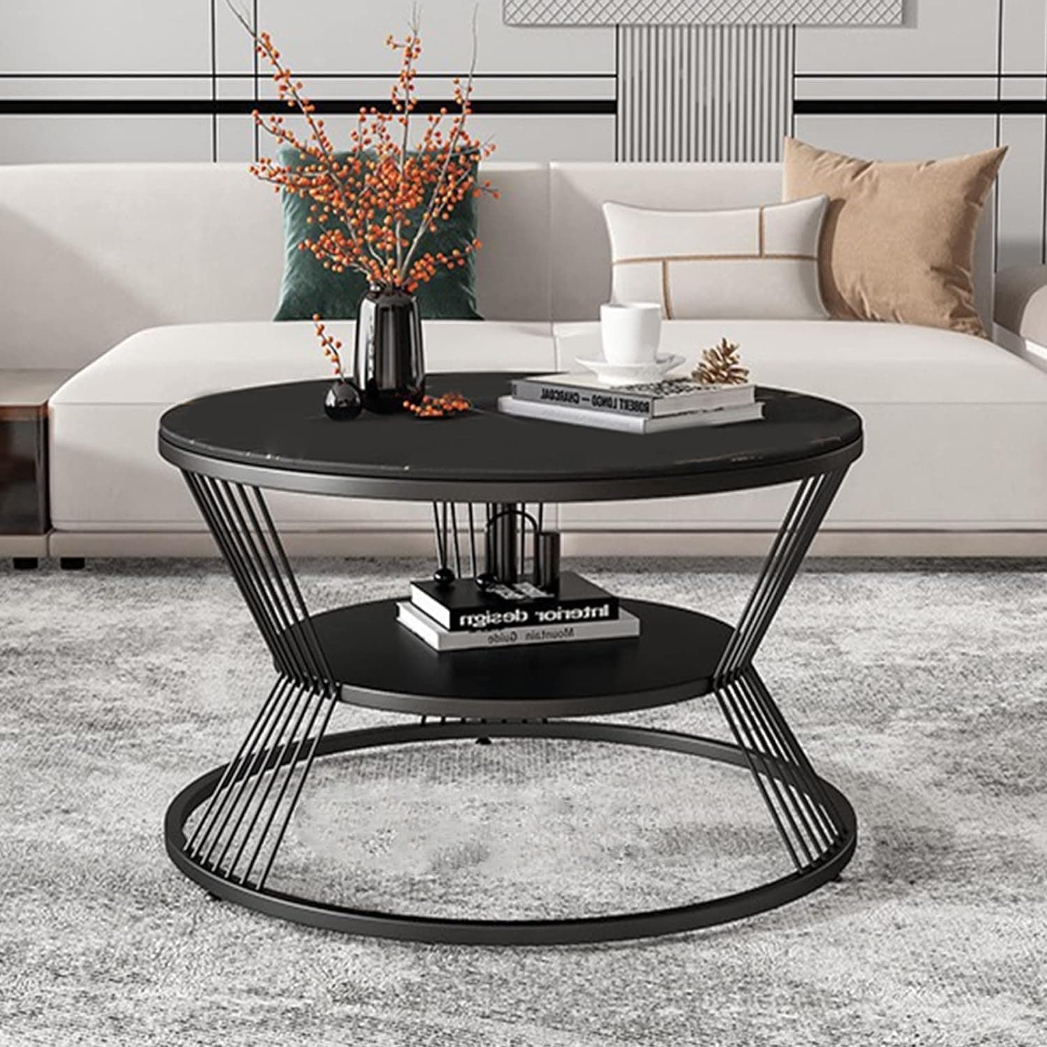 Coffee Table Two Tier Sofa Side Table Round Coffee Table Metal Frame Center Table Tea Table for Center Room Dining Home & Living Room Decor (Full Black)