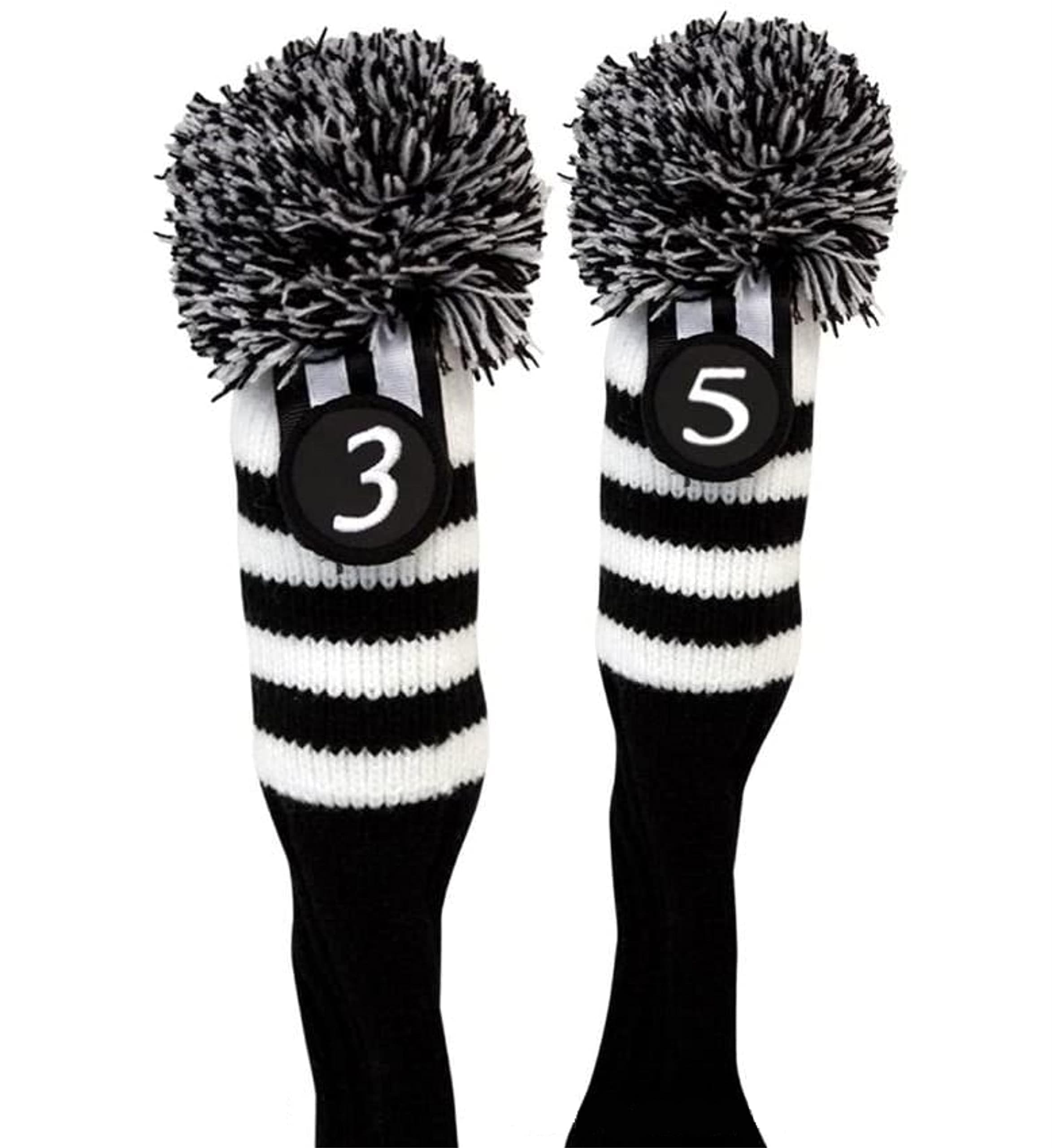 Pacific Golf Clubs Head Covers 3 5 Black and White Knit Retro Old School Vintage Stripe Pom Pom Throwback Classic