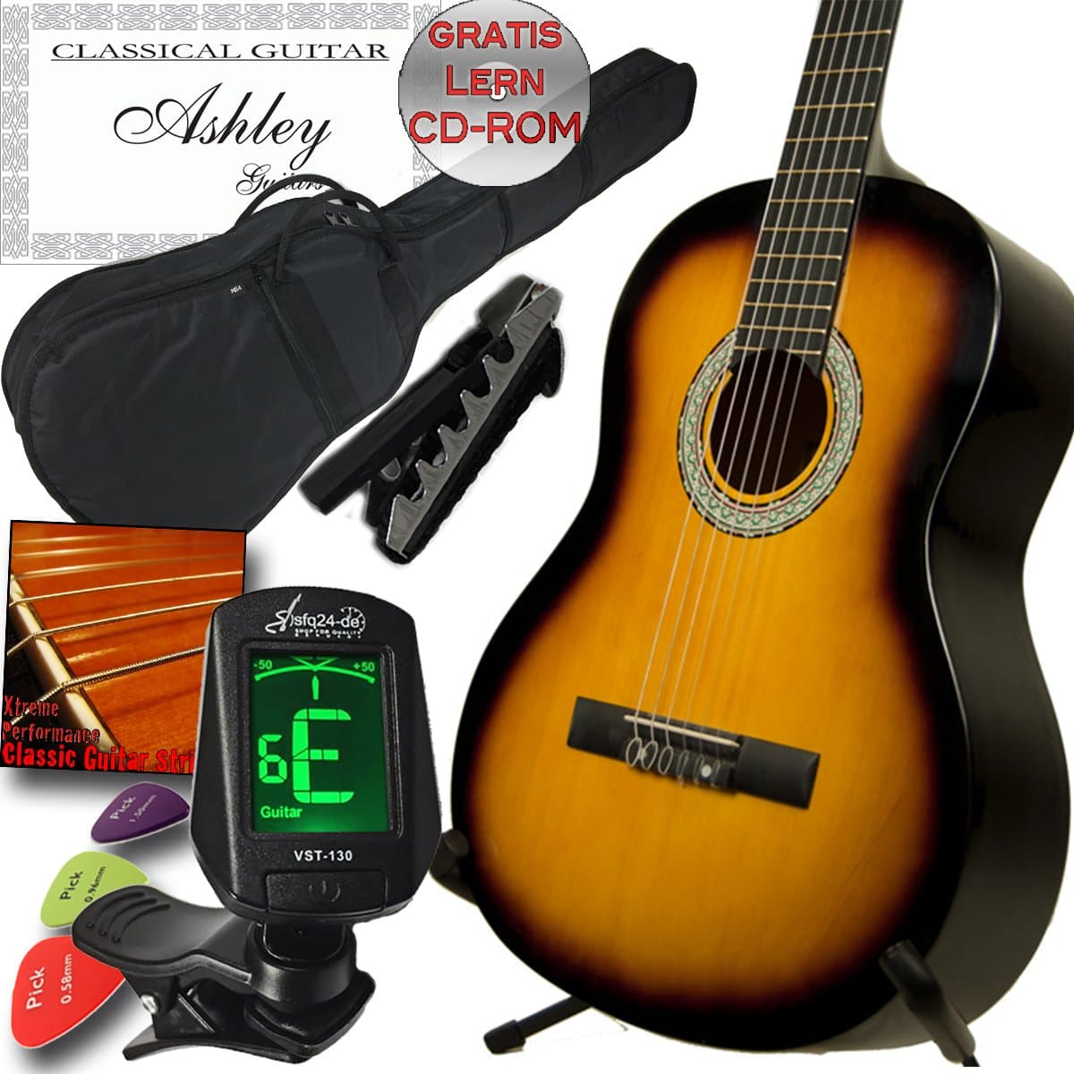 Ashley Left-Handed Classical Strings Classical guitar SET Sunburst with Case, Tuner, Capo, 3x Plectrums and Learning CDROM