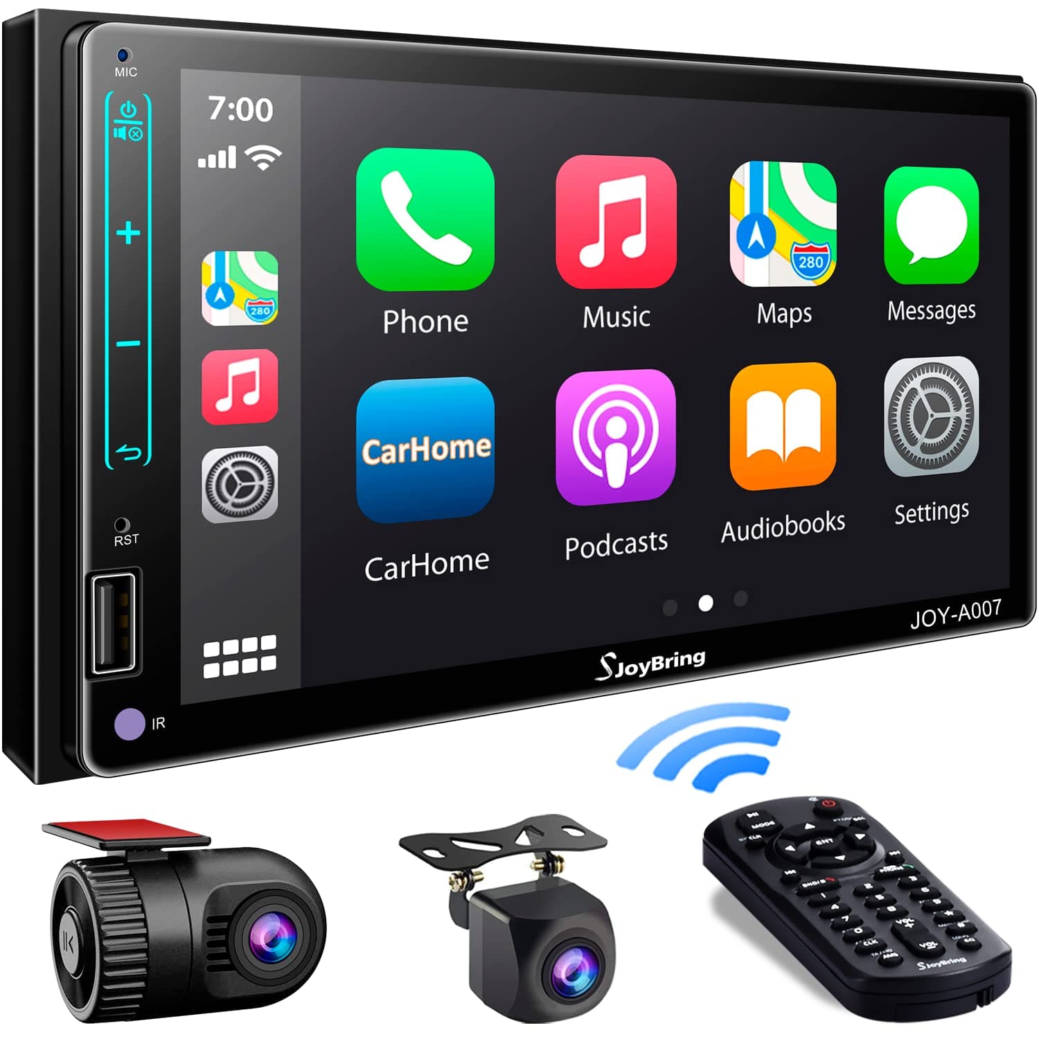 HD IPS Double Din Car Stereo with Dash Cam, Voice Control Carplay, Android Auto, Bluetooth, AHD Backup Camera, Mirror Link, Steering Wheel Controls, Subw, AM/FM, 7" Car Radio Receiver