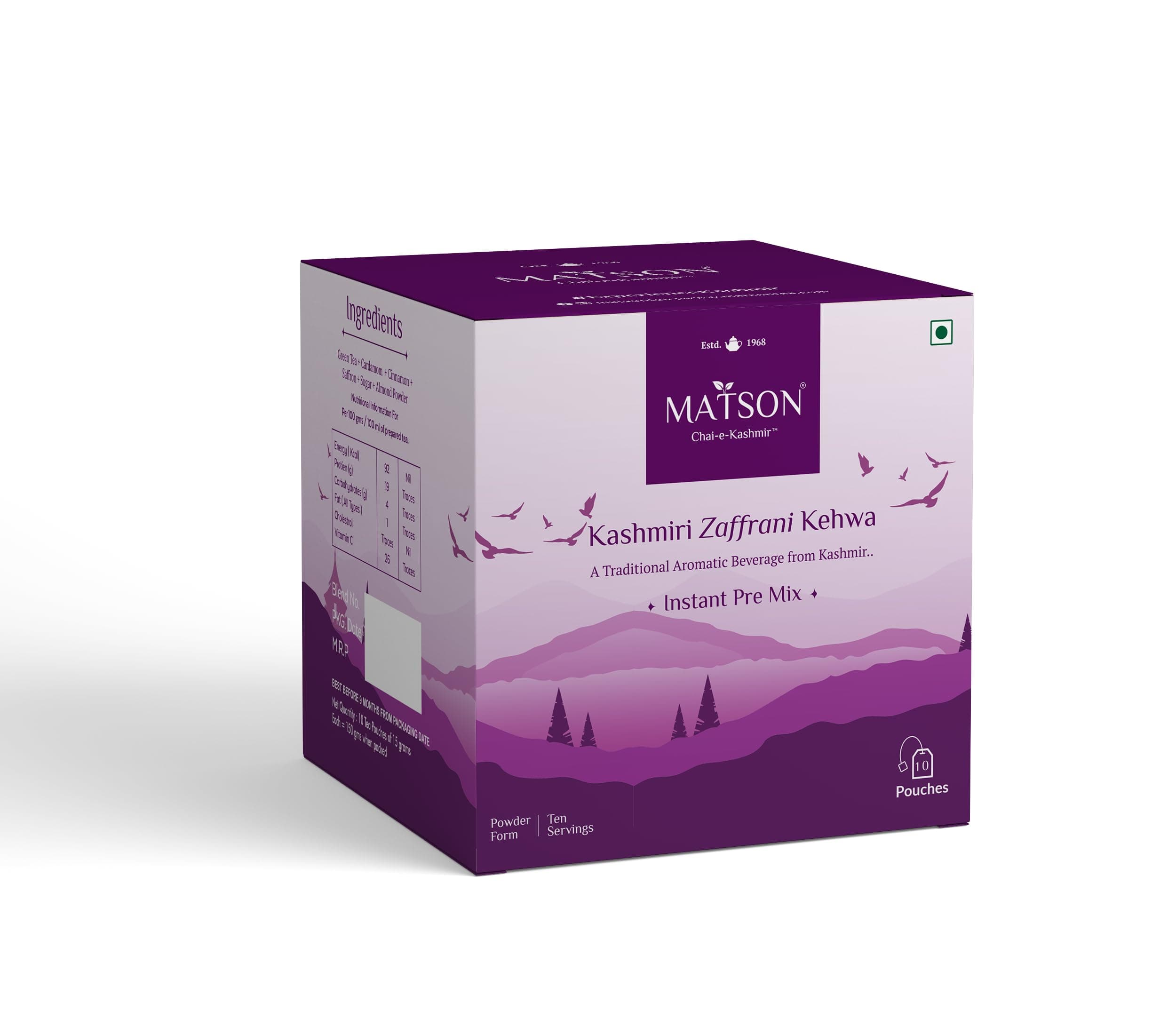 Matson Kashmiri Zaffrani Kehwa Instant Pre Mix Pouch (10x12gm) | Kashmir Qahwa | Zaffrani Kehwa | Shahi Kehwa | Aromatic Beverage | Saffron Tea