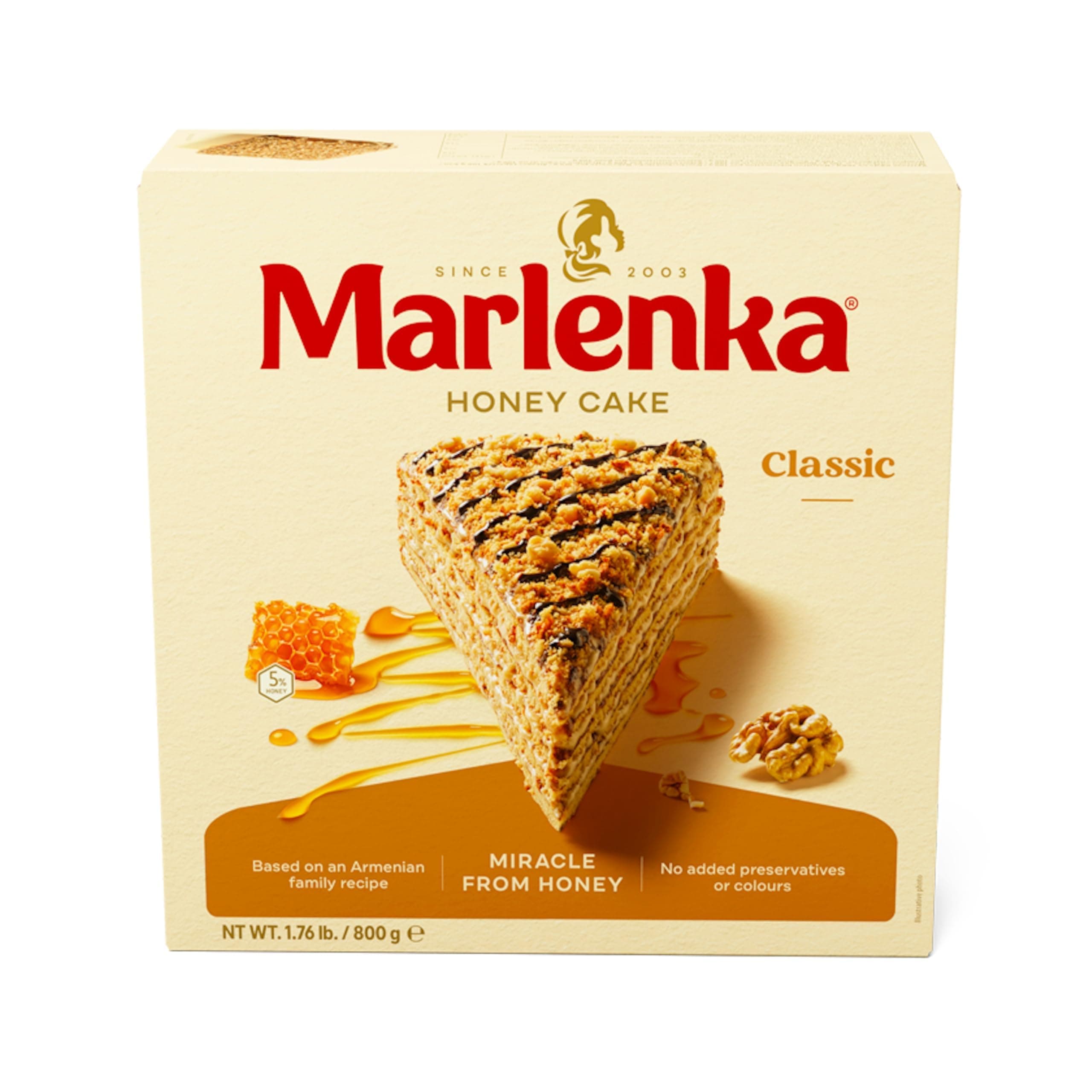 MARLENKA® Honey Cake with Walnuts – Traditional Honey Sponge Cake (1 x 800 g)