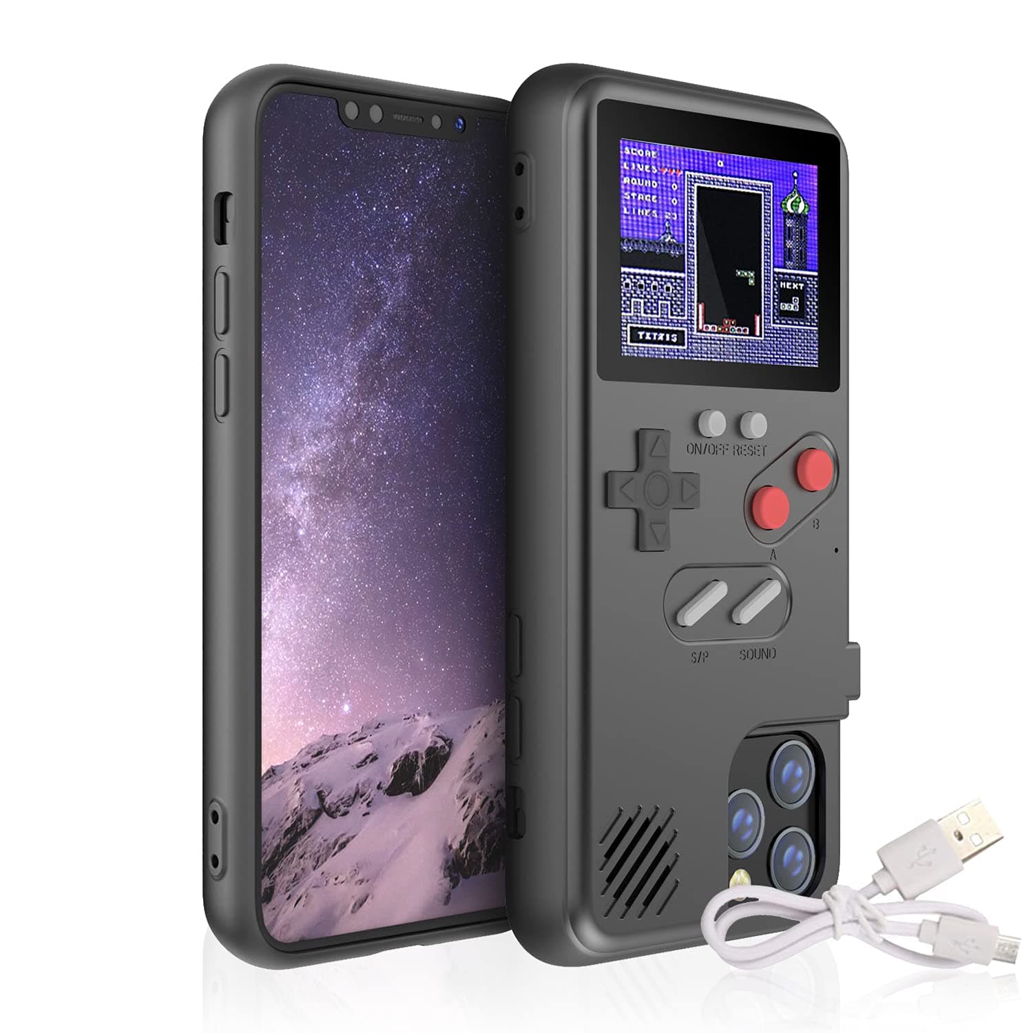 Gameboy Case for iPhone, Retro 3D Phone Case Game Console with 36 Classic Game, Color Display Shockproof Video Game Phone Case for iPhone Black