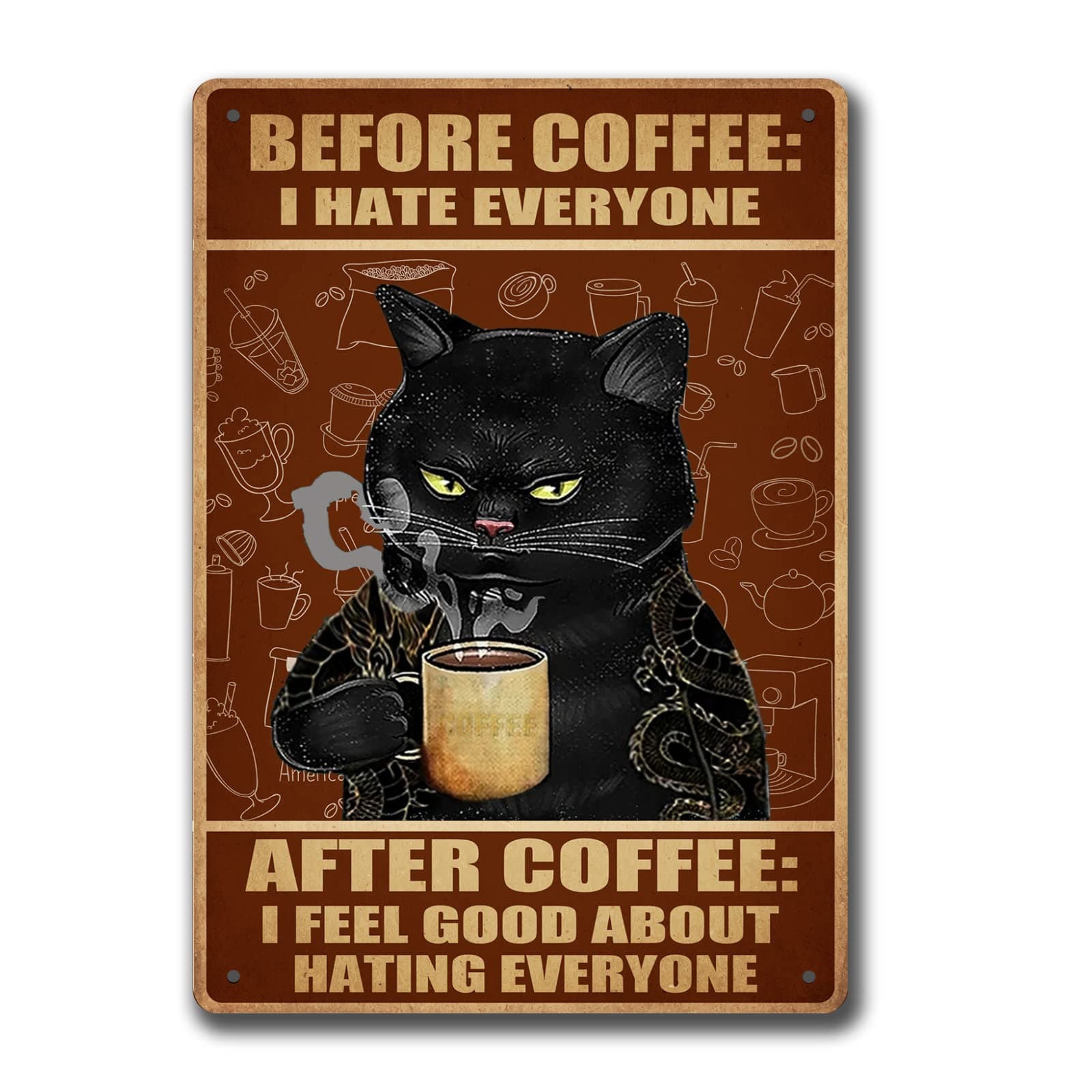 Funny Coffee Bar Sign Retro Cat Metal Posters Vintage Kitchen Wall Decor Signs Before Coffee I Hate Everyone Signs Cat Wall Art Cats Home Decor 8x12 Inch