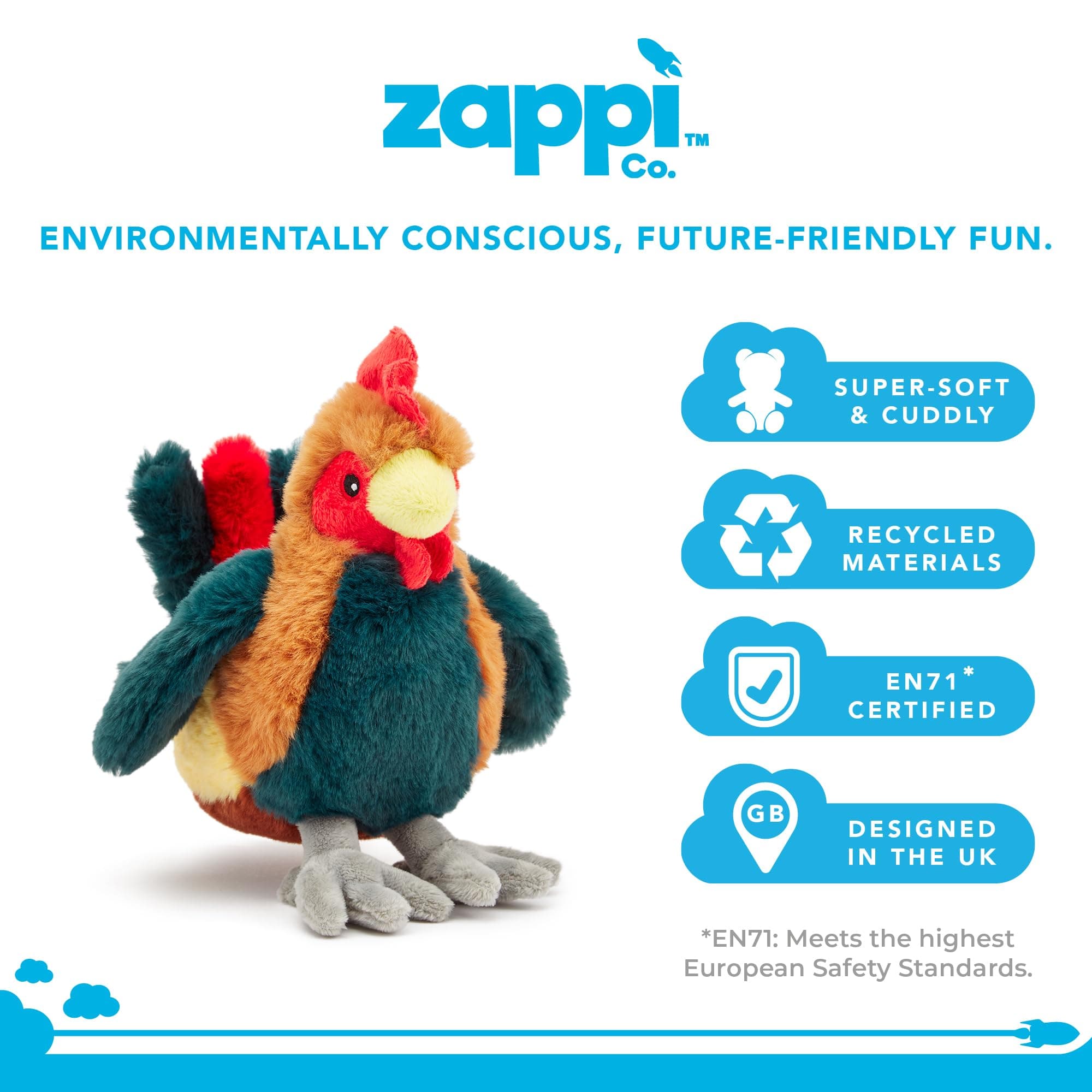 Zappi Co 100% Recycled Plush Cockerel Toy (24 cm Length) Stuffed Soft Cuddly Eco Friendly Animals Collection for New Born Child First Kid