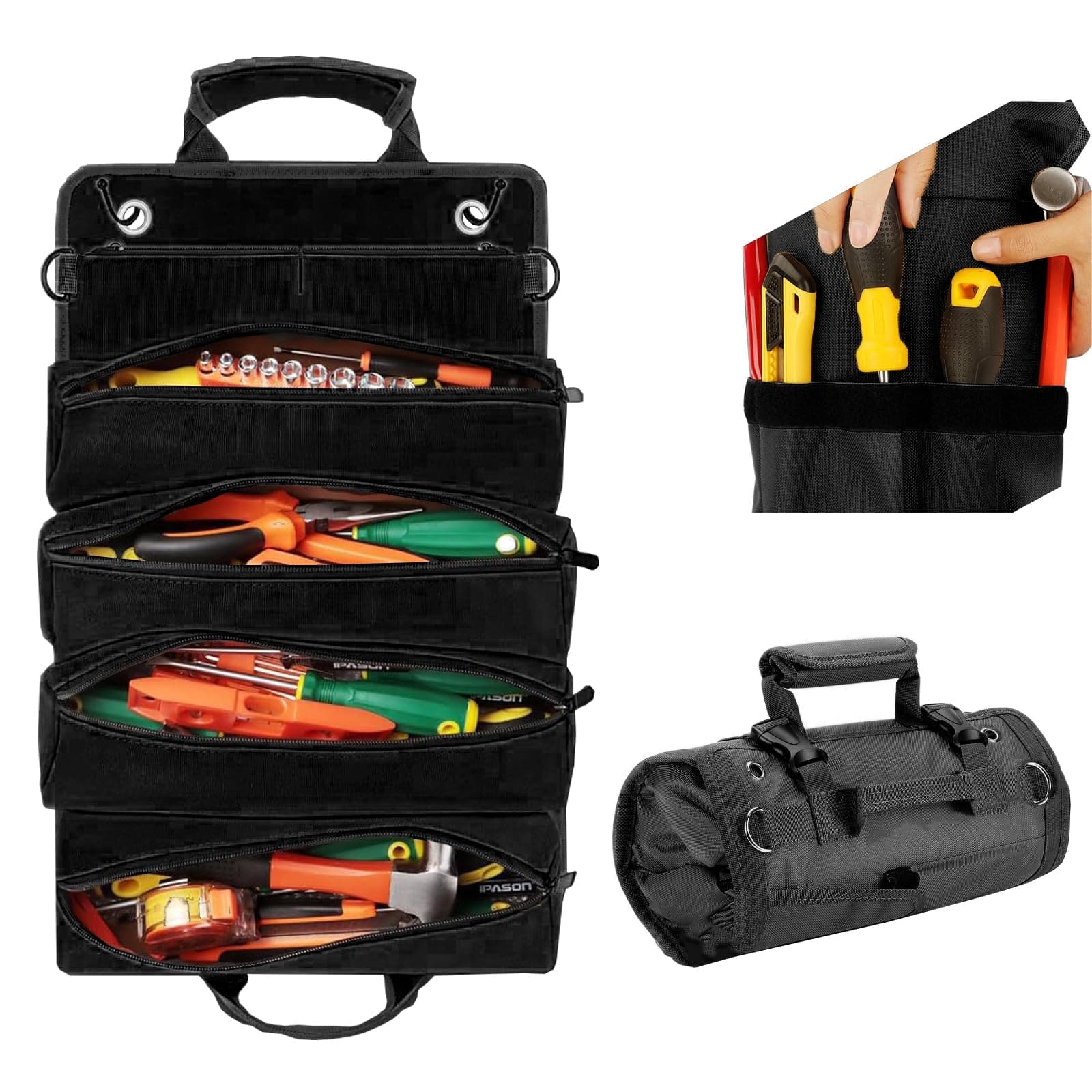 Tool Bag Roll Portable Strap Type Waterproof Hard Bottom Tool Organizer Multifunctional Large-Capacity Electrician Woodworking Tool Handbag for Storing Hand Tools Power Tools and Accessories(Black)