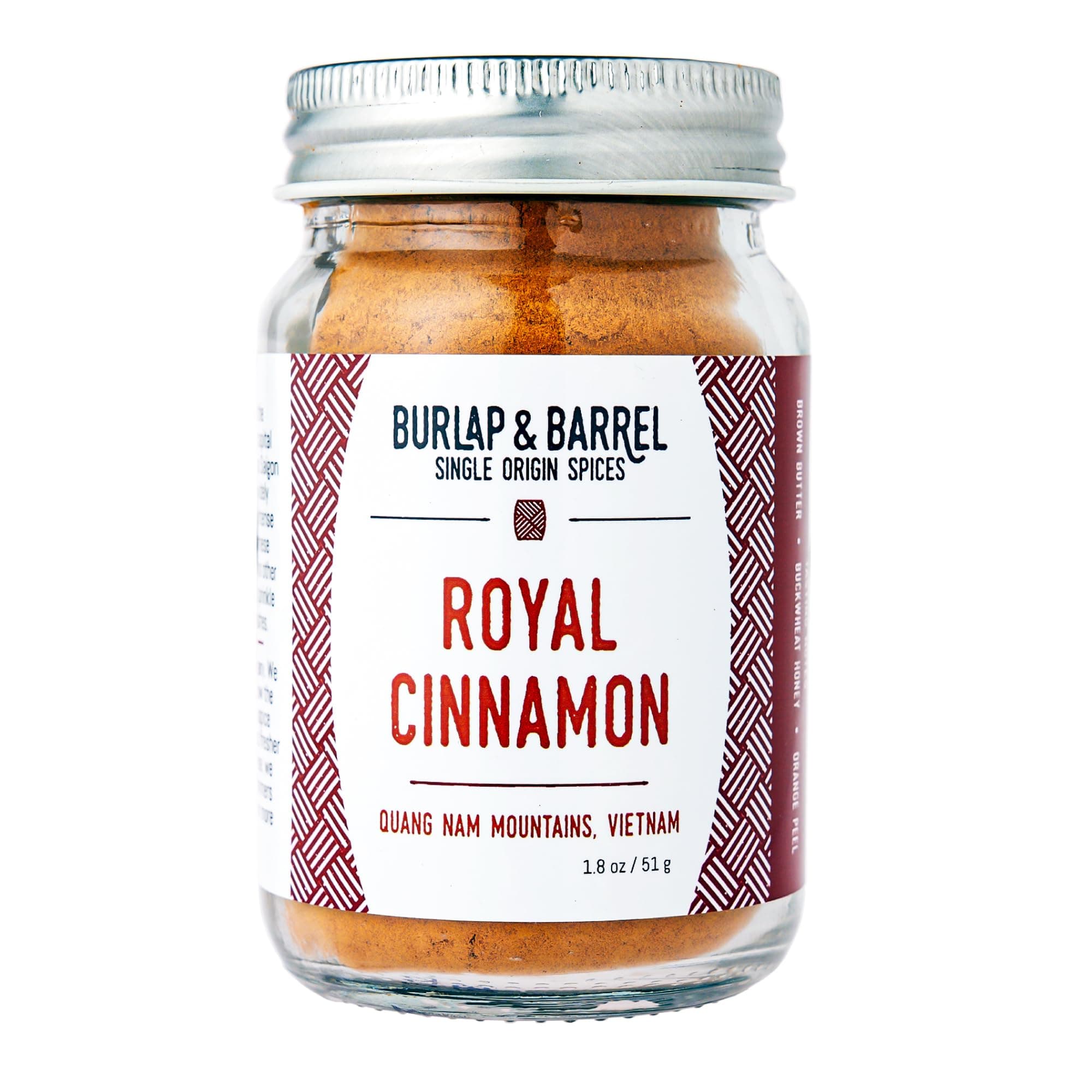 Burlap & Barrel - Royal Cinnamon - Cinnamomum loureiroi, Saigon Cinnamon - Sweet and a Little Spicy - Perfect for Pastries, Coffee and Smoothies - Amazing Cinnamon Toast or Oatmeal - 1.8oz Glass Jar