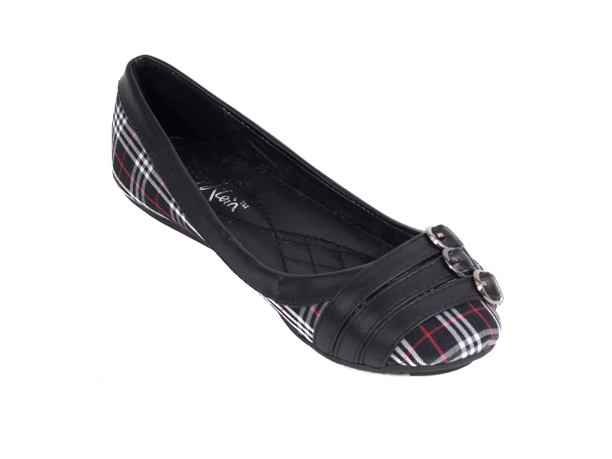 Women & Ladies Ballerina Flats Shoes Mocassin Slip-Ons Triple Buckle Checkered Canvas Design