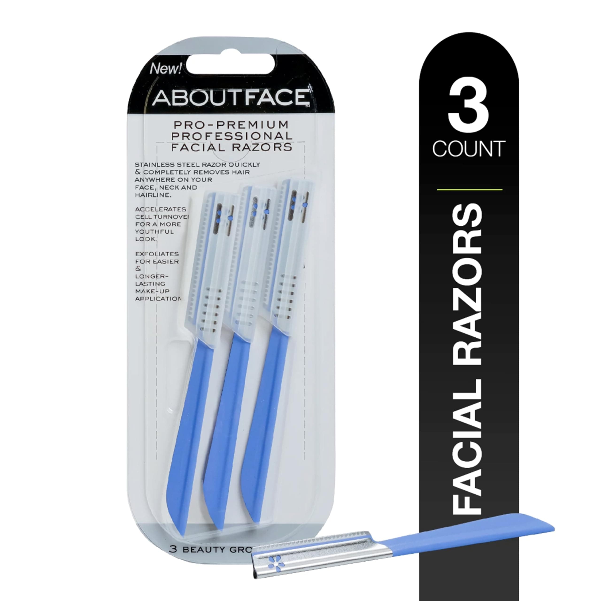 About Face Kai Pro-Premium Professional Facial Razors; 3 Beauty Groomers per Package; Stainless Steel Razors for Hair Removal and Dermaplaning from Face, Neck, & Hairline