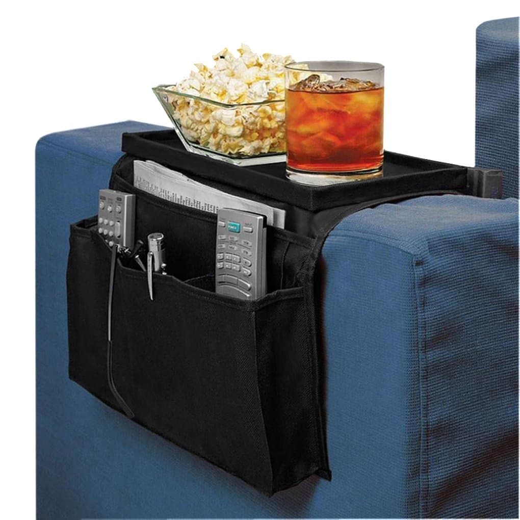 Hanging Sofa Arm Rest Organizer Bag TV Remote Control Handset Holder Organiser Caddy with Cup Holder Tray Foldable Storage Box Chair Couch Armchairs Magazine Storage Pocket Black Oxford Holder Pouch