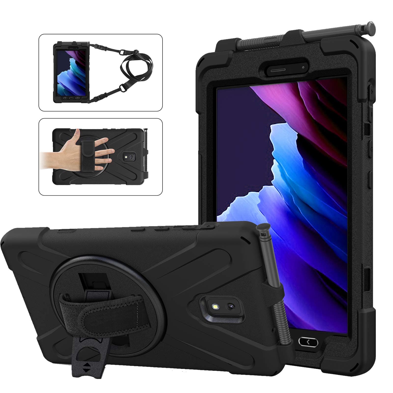 Rantice Samsung Galaxy Tab Active3/Active5 8.0 Case, with 360 Stand, Handle Hand Strap & Shoulder Strap for Samsung Galaxy Tab Active5 8" 2024, Active3 8" 2020 SM-X300/X307/T570/T577 (Black)