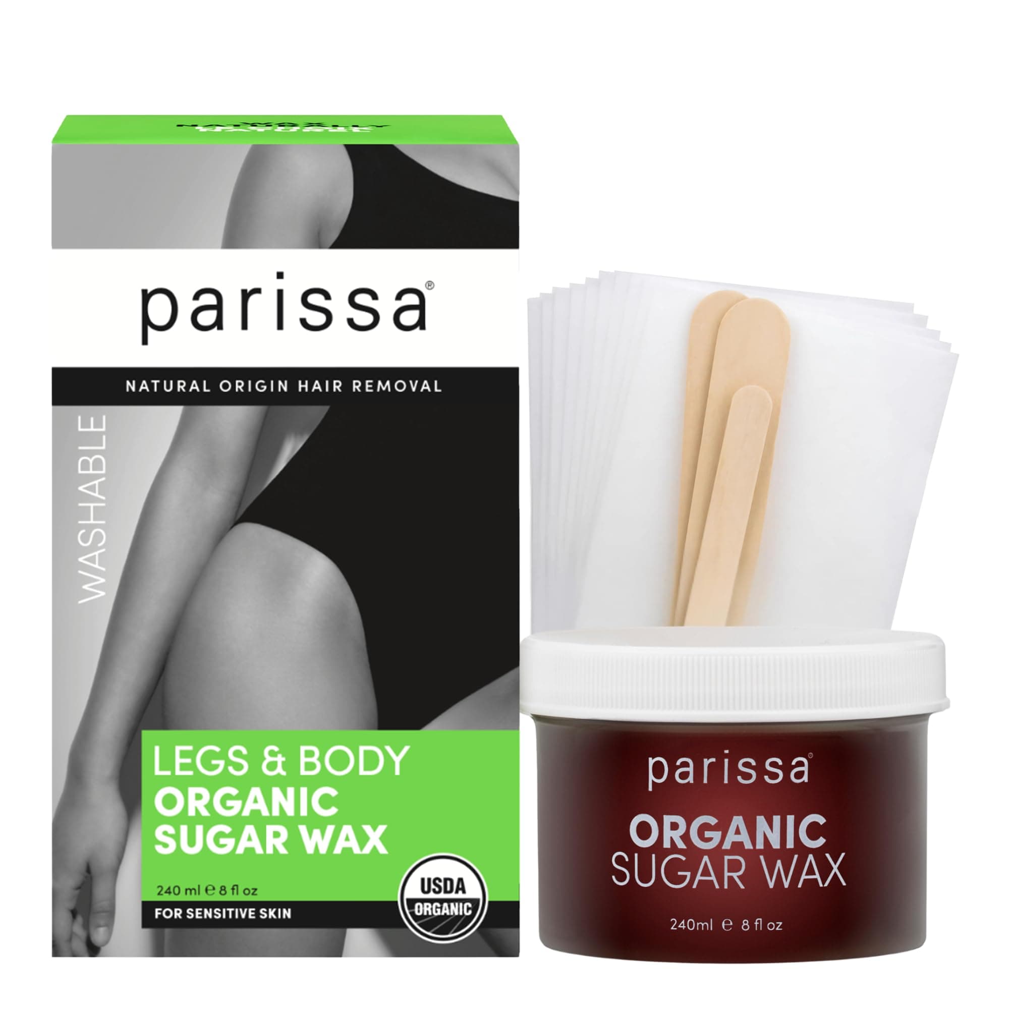 Legs & Body Organic Sugar Wax for Sensitive Skin, 100% Natural, Gentle & Washable Formula, At-Home Waxing Kit