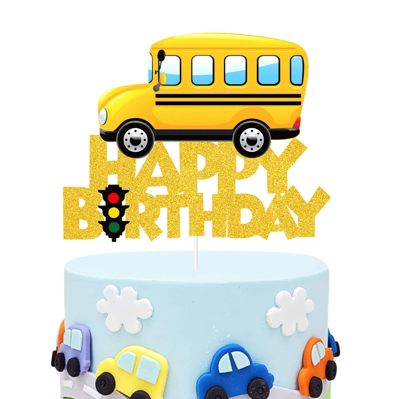 Glitter School Bus Cake Topper Happy Birthday Theme Cake Decor, Child Boys Girls School Themed Party Supplies