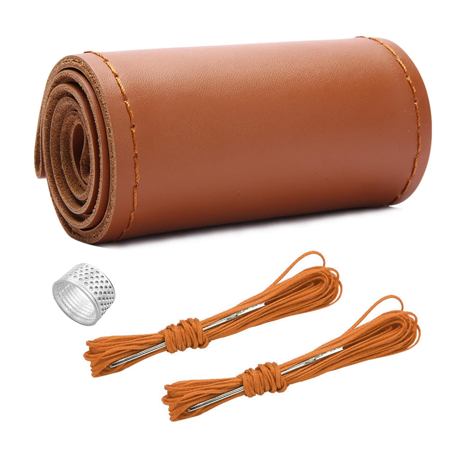 Ziciner Genuine Leather Steering Wheel Cover, Stitch on Wrap, Breathable Anti-Slip Car Steering Wheel Protector for Max Diameter 15 Inch, DIY Sewing with Needles Thread (Brown, Glossy)