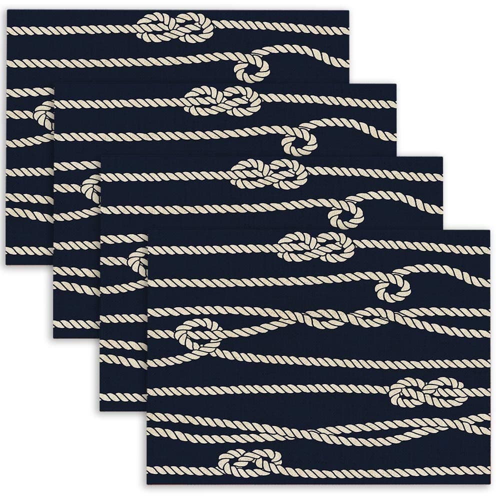 Teepel Rope Placemats,18 X 12 Inches Marine Rope Knot Navy with White Rope Ornament and Nautical Knots on Dark Background Placemat Set of 4 Washable Place Mats for Dining Table