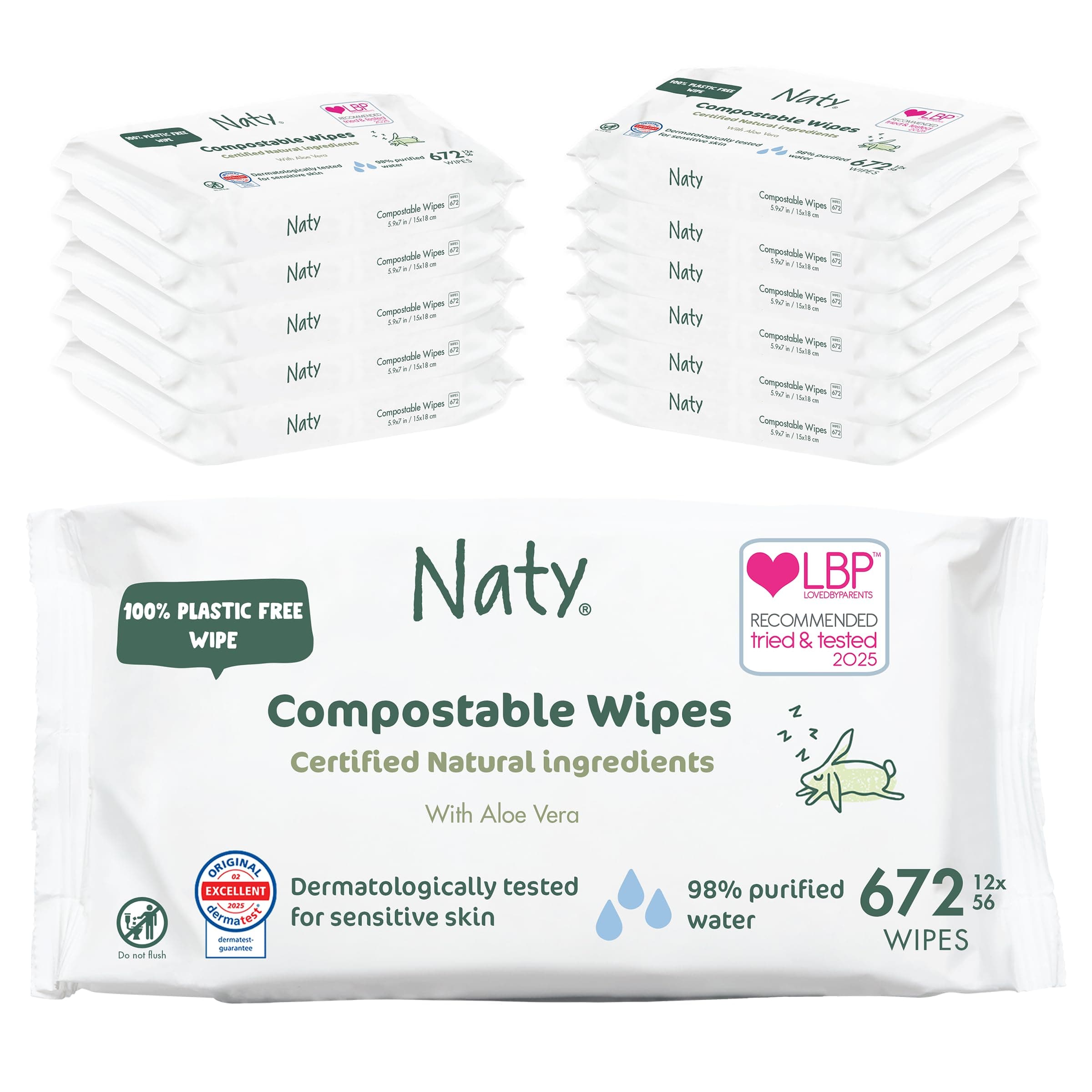 Baby Wipes Aloe | 98% Water, Hypoallergenic & Natural for Sensitive Skin | Unscented, Plant-Based, Fragrance-Free | Plastic-Free & Compostable | Newborn & Toddler Wipes | 672 Count (12 Packs)