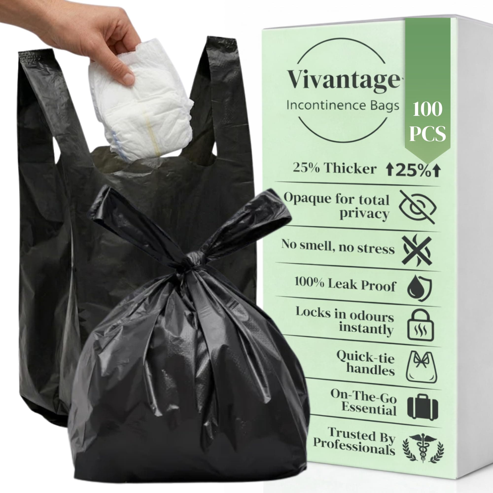 Adult Nappy Bags 100 Pack - Large Black Adult Nappy Sacks, Strong, Disposable & Unscented | 25% Thicker | Nappy Disposal, Sanitary Disposal, Incontinence Sacks UK Made