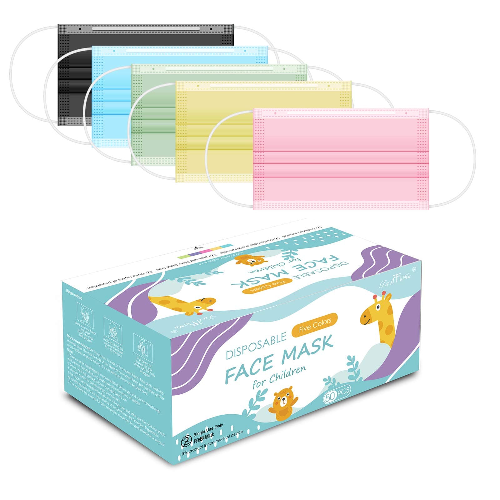 - Non-Woven Fabric and Meltblown Fabric Disposable Breathable Anti Dust Air Pollution Protection Colorful Cute Face masks (Multicolour, Without Valve, Pack of 50) for Kids