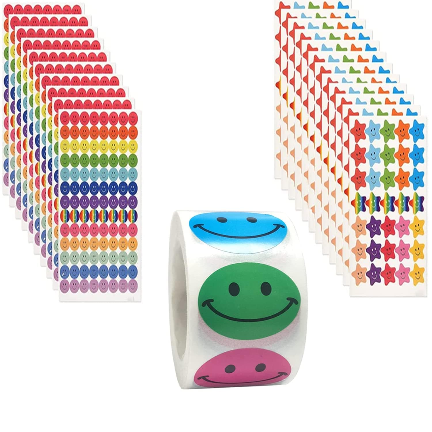 Rewards Happy Face Star Stickers, Motivational Incentive Stickers for Kids, 500 Pcs 1 Inch Round Cartoon Labels for All Students All Class 1 Roll + 20 Sheets