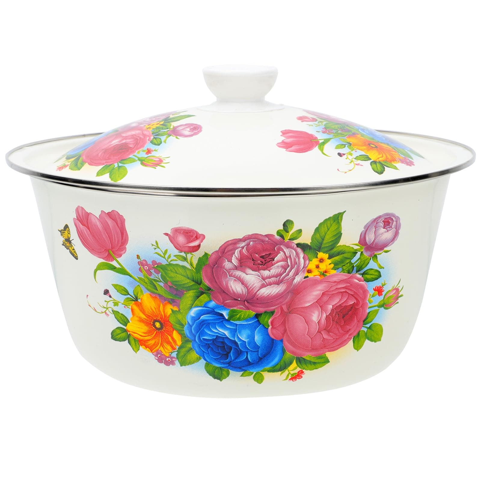 Angoily Enamel Mixing Bowl with Lid, Flower Large Salad Bowl, Enamelware Washing Basin, Chinese Style Soup Bowls, Vintage Serving Bowl for Ramen Asian Dishes Cereal Rice Noodle