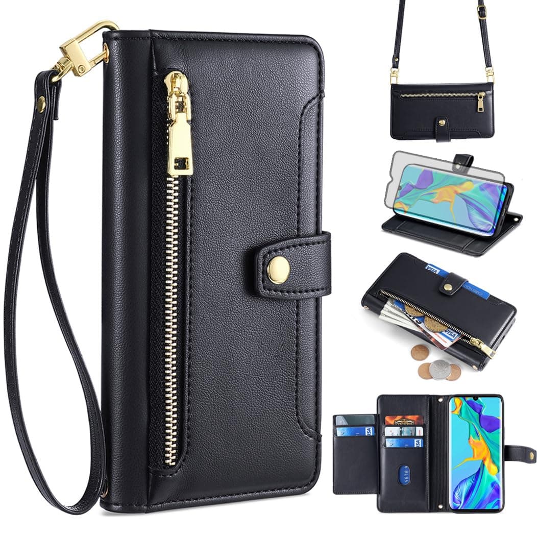 Asuwish Phone Case for Huawei P30 Pro Wallet Cover and Tempered Glass Screen Protector Zipper Card Holder Slot Kickstand Flip Folio Cell Accessories Protective Hawaii P30Pro P 30 Pro30 Women Men Black