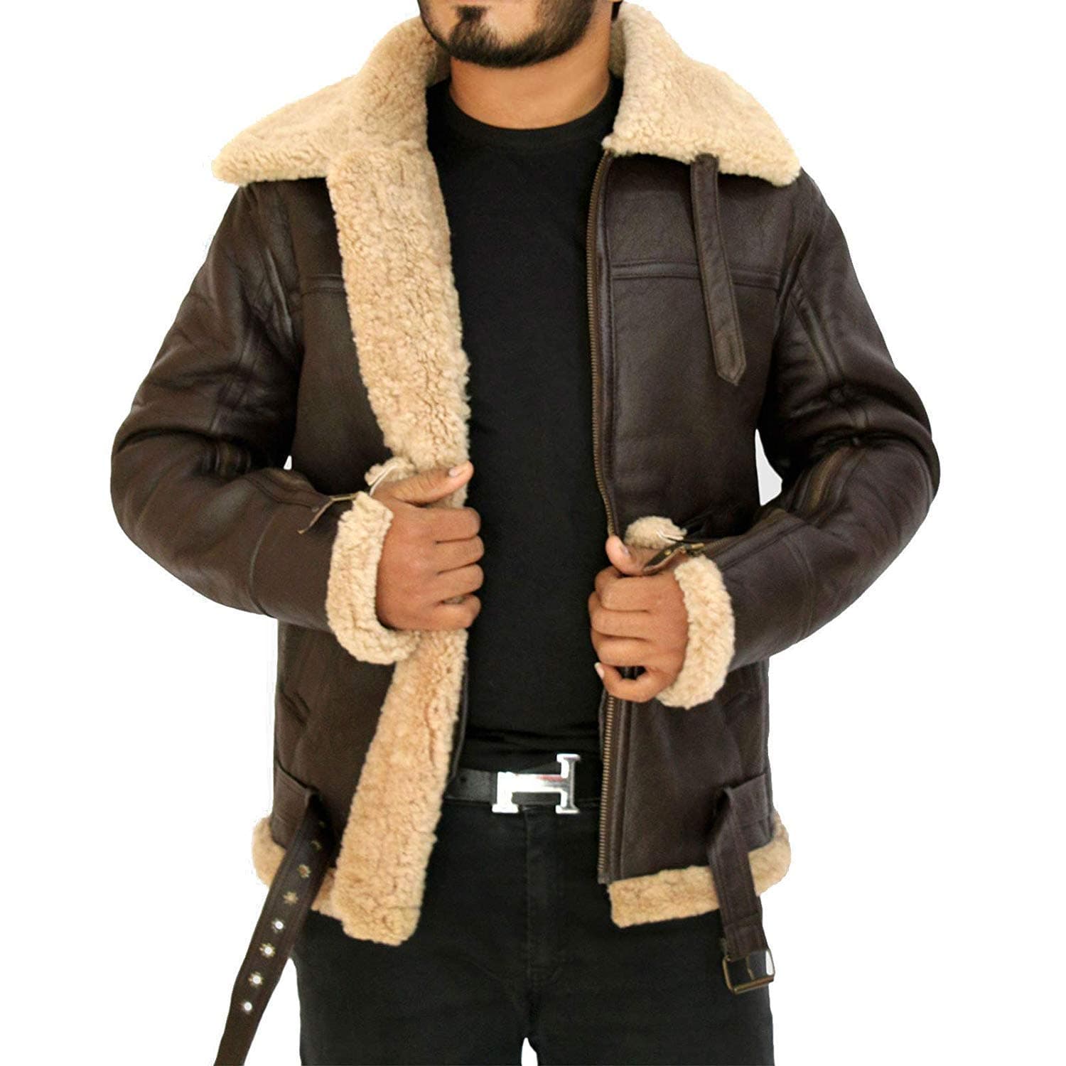 Winter Jacket Mens - B3 Bomber RAF Aviator Real Sheepskin Leather Faux Fur Flight Pilot Jacket