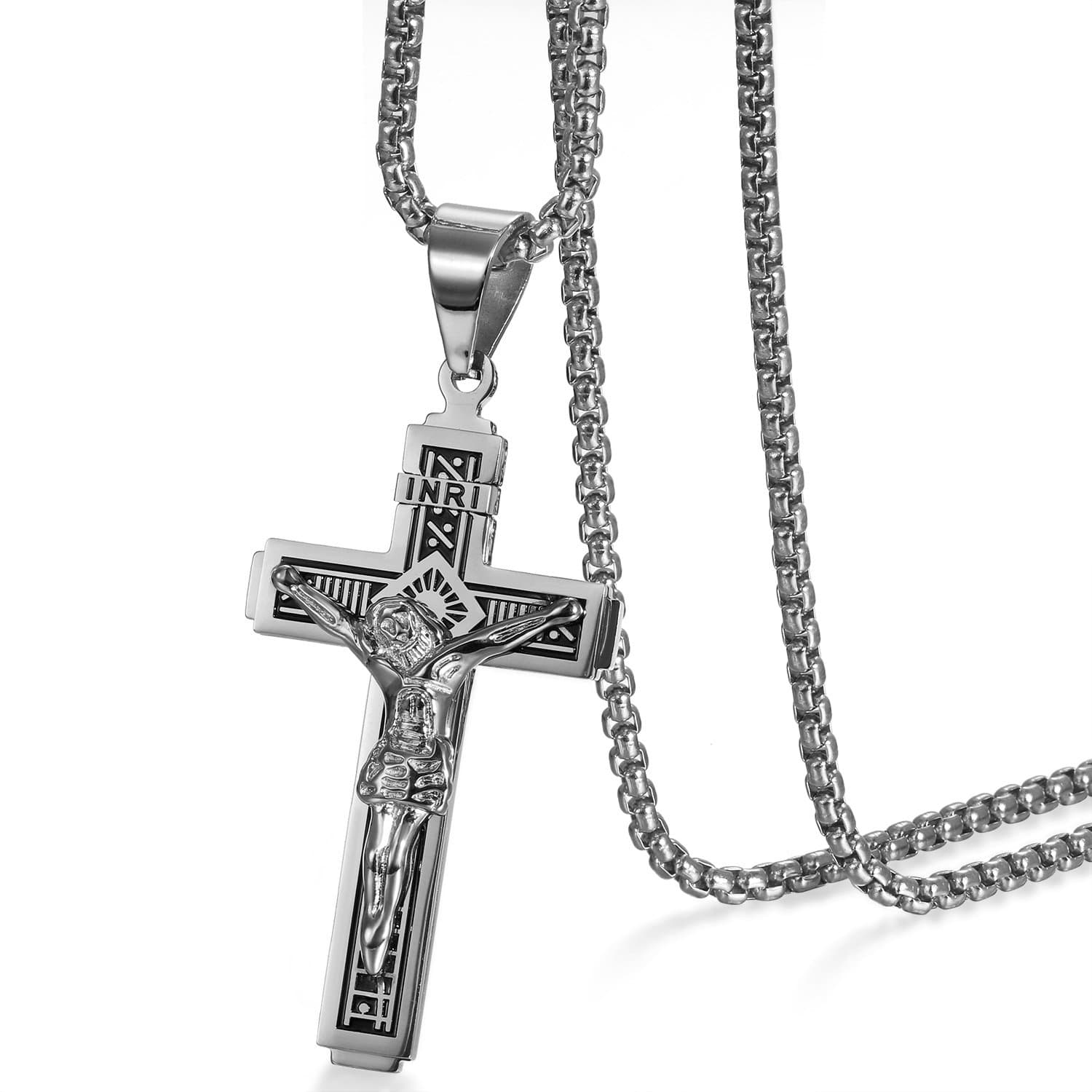 Catholic Jesus Christ on INRI Cross Crucifix Prayer Stainless Steel Pendant Necklace 22 Inch Chain